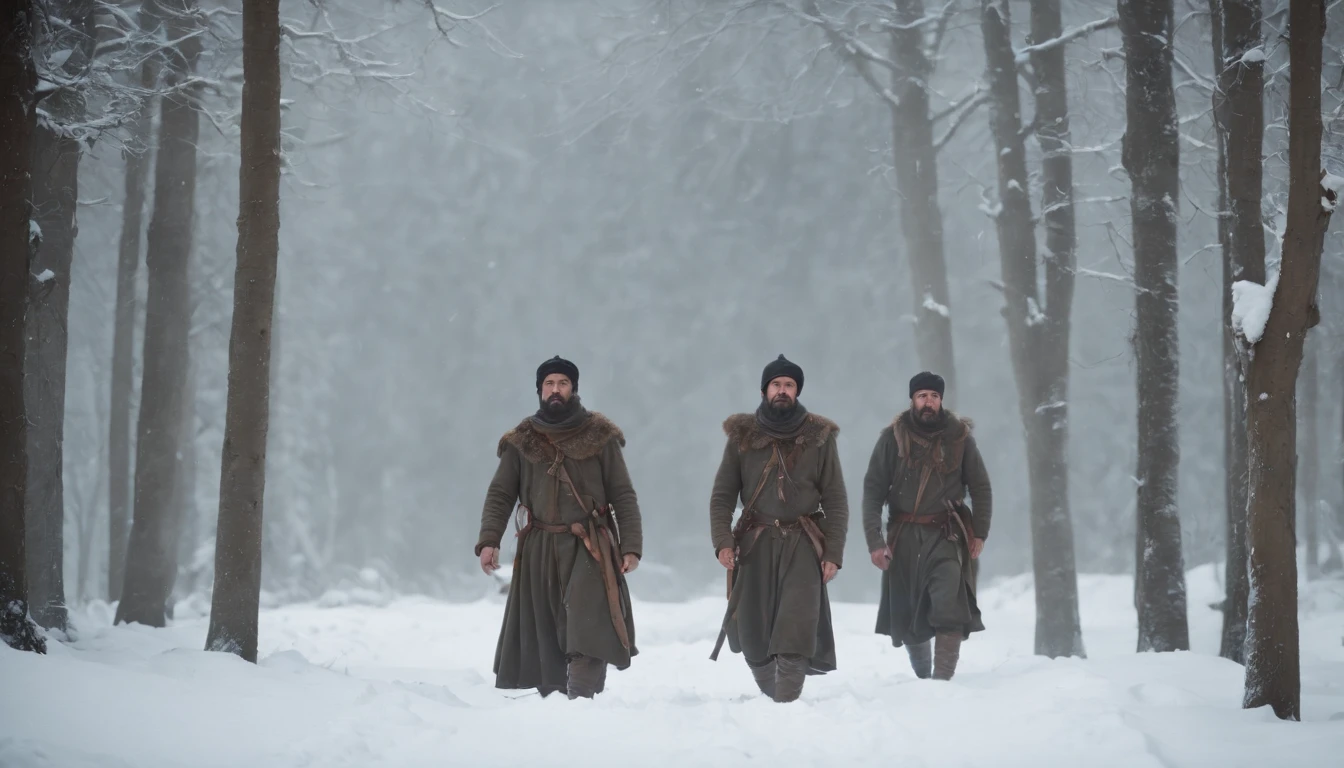 three medieval turkish soldiers hanging from ropes around there necks from trees in the snow, night, darkness, winter, eerie, mysterious, cinematic, cinematic scene from film, 8k, photorealistic