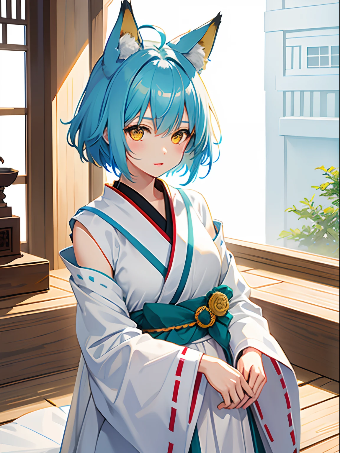 1girl, fox ear,  light blue short hair,bangs pinned back,Ahoge,Colored inner hair,Highly detailed beautiful face and yellow eyes,Cute, shrine maiden, shrine