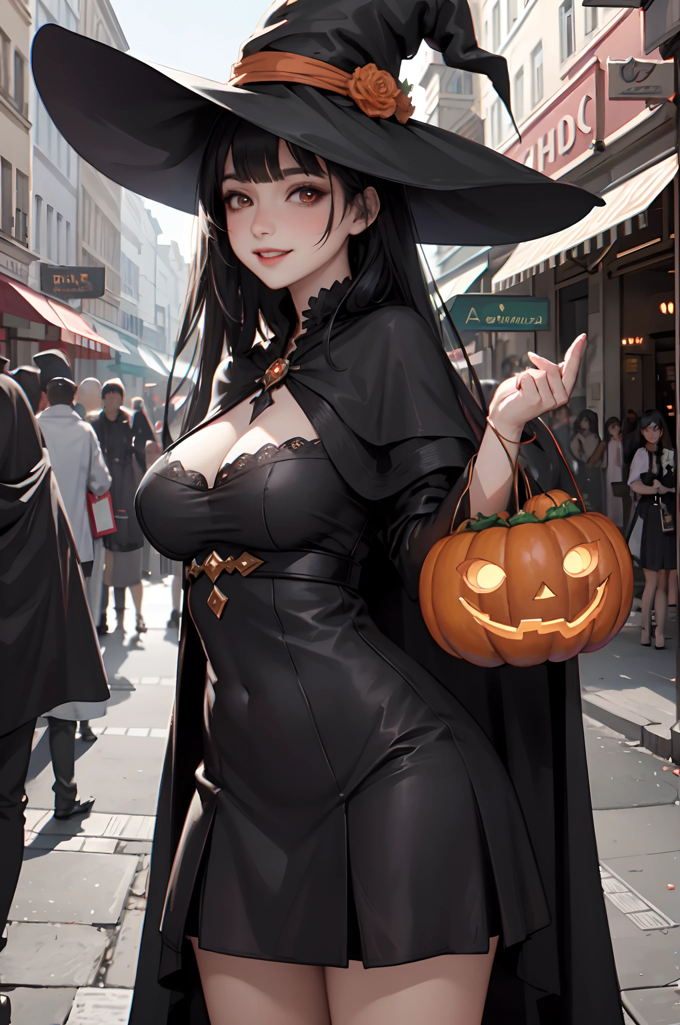 1lady standing, /(witch costume hat/) /(black capelet/), /(black hair/) bangs, blush kind smile, (masterpiece best quality:1.3) delicate illustration ultra-detailed , large breasts BREAK /(shopping streets/) outdoors, jack-o'-lantern haloween parade, crowded audience