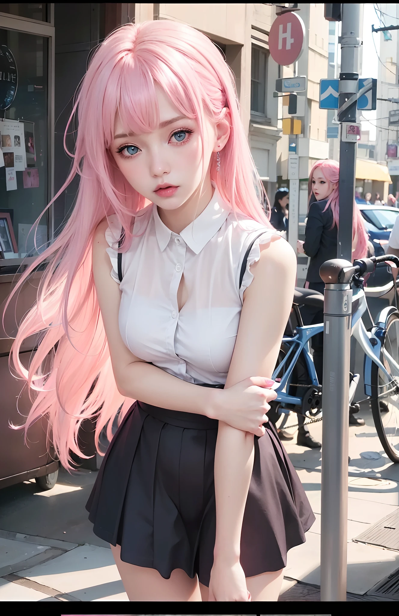 best quality, ultra high res, (photorealistic:1.4), 8k resolution, girl, (pink hair:1.3) , realistic blue eyes, (realistic hair:1.2), (Korean girl:1.2), (realistic eyes:1.2), (beauty face:1.3), perfect body, white pale skin, small breast, cleavage, , (eyes looked up:1.3), petite , Sports bikini, flat chest