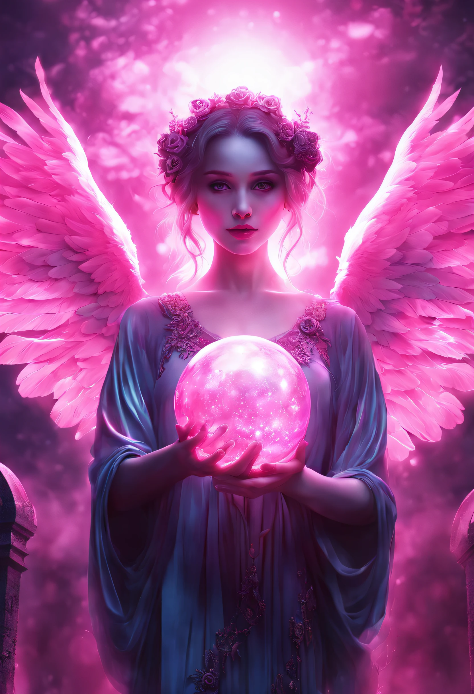 pinkcolor、Seductive portrait of an angelic glowing figure with black wings in a cemetery、Holding a glowing sphere in your hand　staring directly at camera， at centre，Very bright colors, light Particle, with light glowing, Mushiv, Wallpaper Art, UHD Wallpapers、Background Pink、mystical