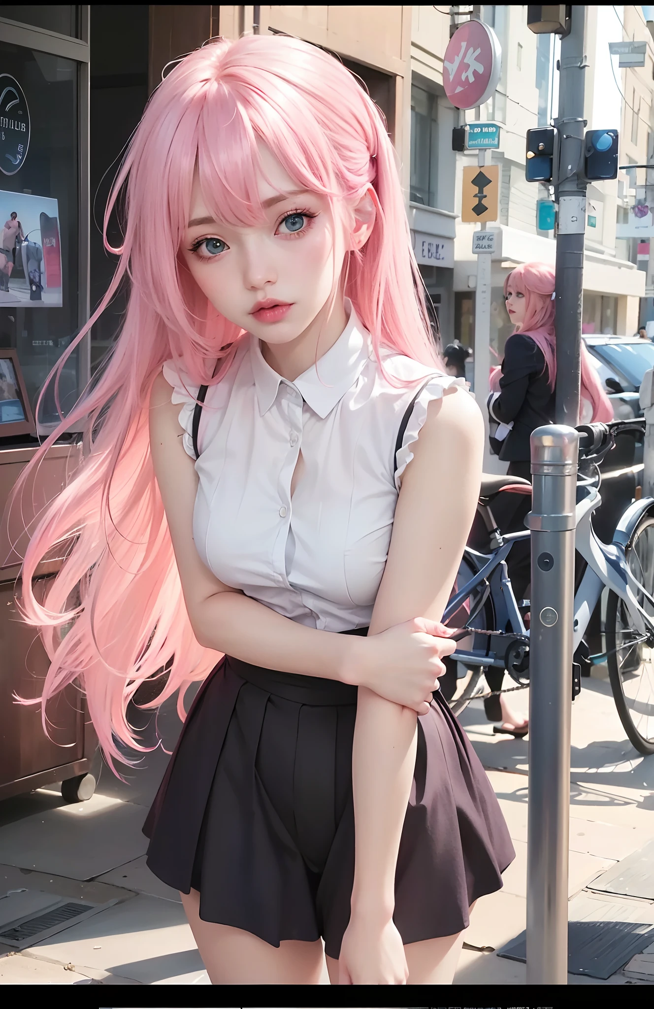 best quality, ultra high res, (photorealistic:1.4), 8k resolution, girl, (pink hair:1.3) , realistic blue eyes, (realistic hair:1.2), (Korean girl:1.2), (realistic eyes:1.2), (beauty face:1.3), perfect body, white pale skin, small breast, cleavage, , (eyes looked up:1.3), petite , Sports bikini, flat chest