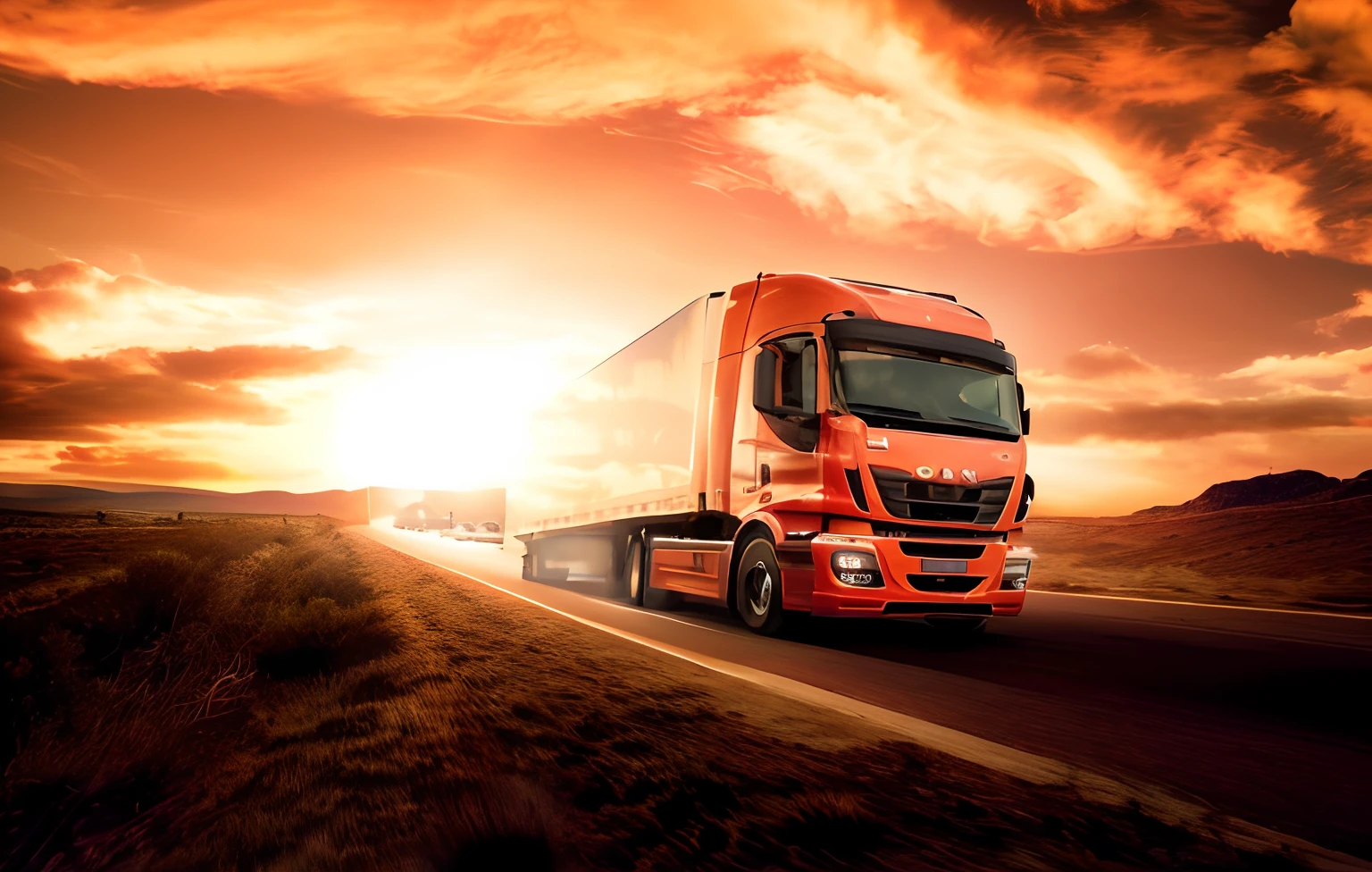 a close up of a semi truck driving on a road at sunset, photo render, photo portrait, vibrant and powerful, vibrant and dynamic, truck, wallpaper - 1 0 2 4, vehicle photography, 2 0 1 2, 2012, portrait shot, 🚿🗝📝, 1 0 8 0 p, 1080p, incredible quality