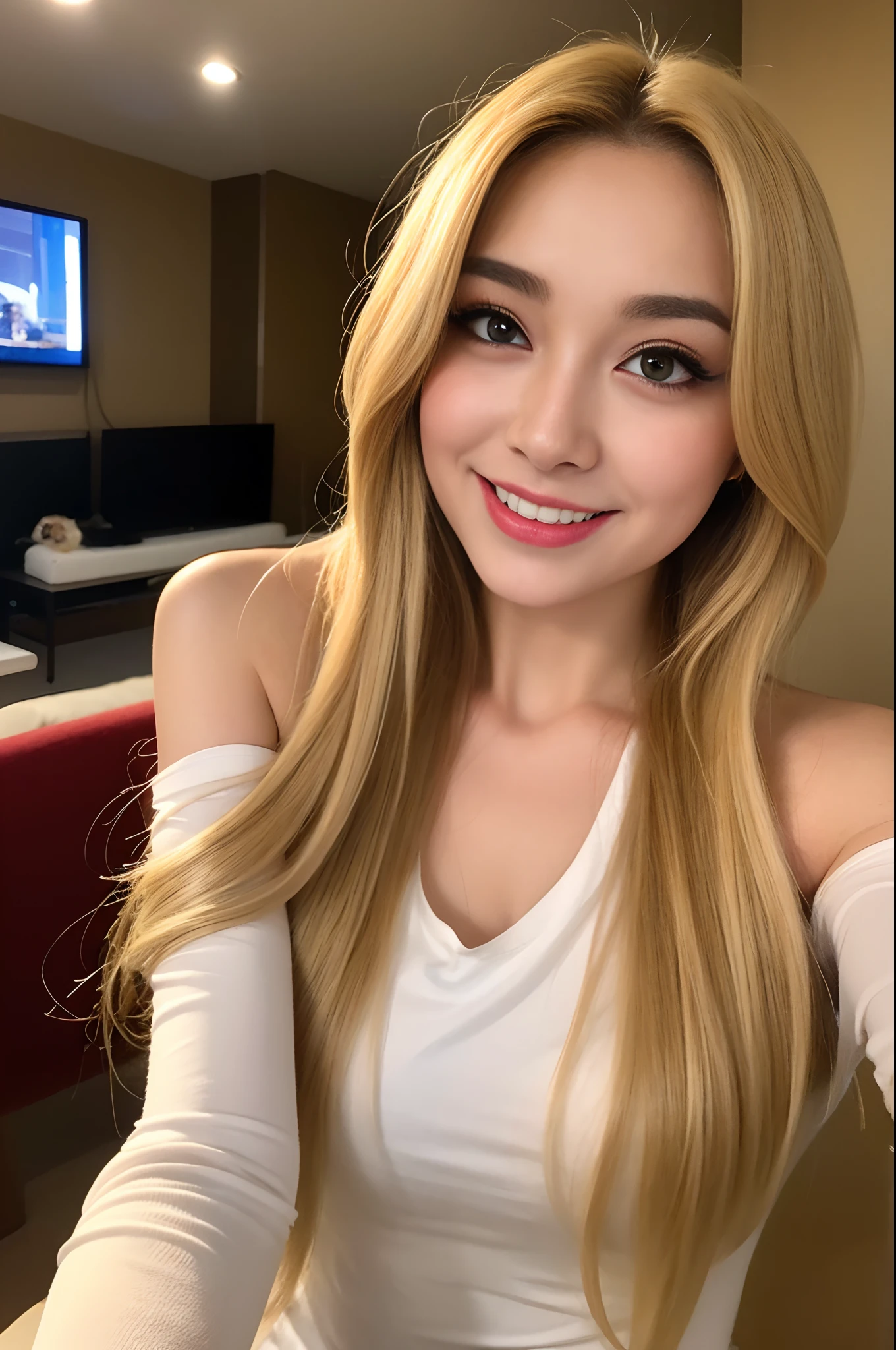 ((Midnight, Best Quality, 8K, Realistic)), Half Body: 1.4, Slender Abs: 1.2, ((Long ash-blonde hair, Medium Breasts: 1.2)), (Thin loose white shirt, Tight jeans, Off_shoulder, Sitting: 1.2), (Living room, Coach, Realistic living room background, Night lights), Highly detailed face and skin texture, detailed eyes, double eyelids, 1 person, (Seductive smile, Seductive pose, Face looking at the camera, Taking selfie, Selfie camera view, Selfie: 1.2), ((Cat, Ragdoll cat))