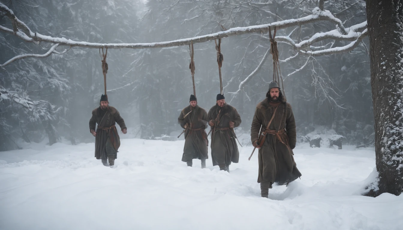 three medieval turkish soldiers hanging from ropes around there necks from trees in the snow, night, darkness, winter, eerie, mysterious, cinematic, cinematic scene from film, 8k, photorealistic