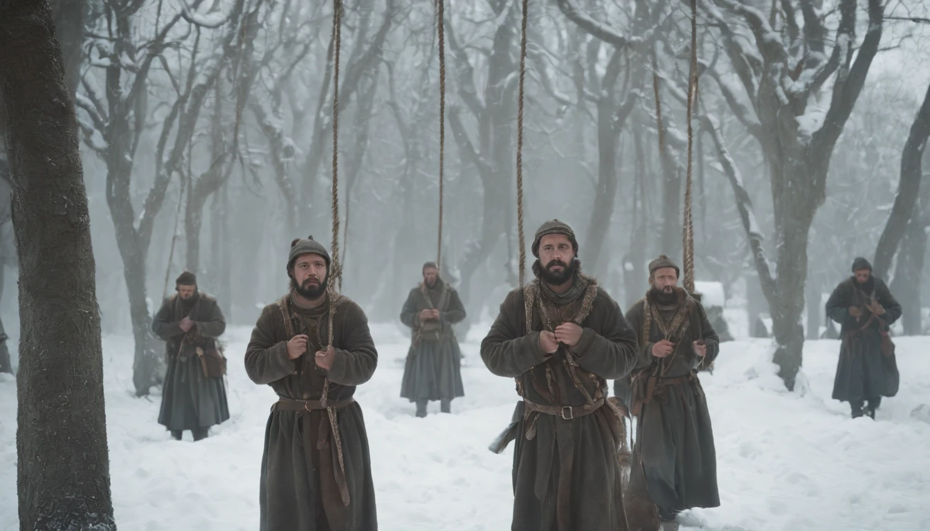 three medieval turkish soldiers hanging from ropes around there necks from trees in the snow, night, darkness, winter, eerie, mysterious, cinematic, cinematic scene from film, 8k, photorealistic