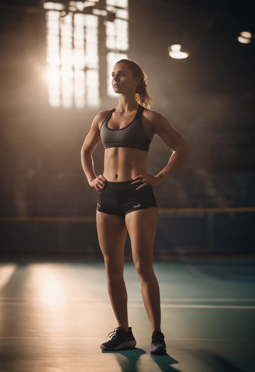 Une belle fille avec des fesses grosses et fermes, Dressed in tight-fitting sports shorts, European-looking, Pose for the camera, Very detailed, 8k, The background is very realistic,les fesses sont bien visibles, regarder vers le bas,handball,ballon,salle de sport,match de handball,