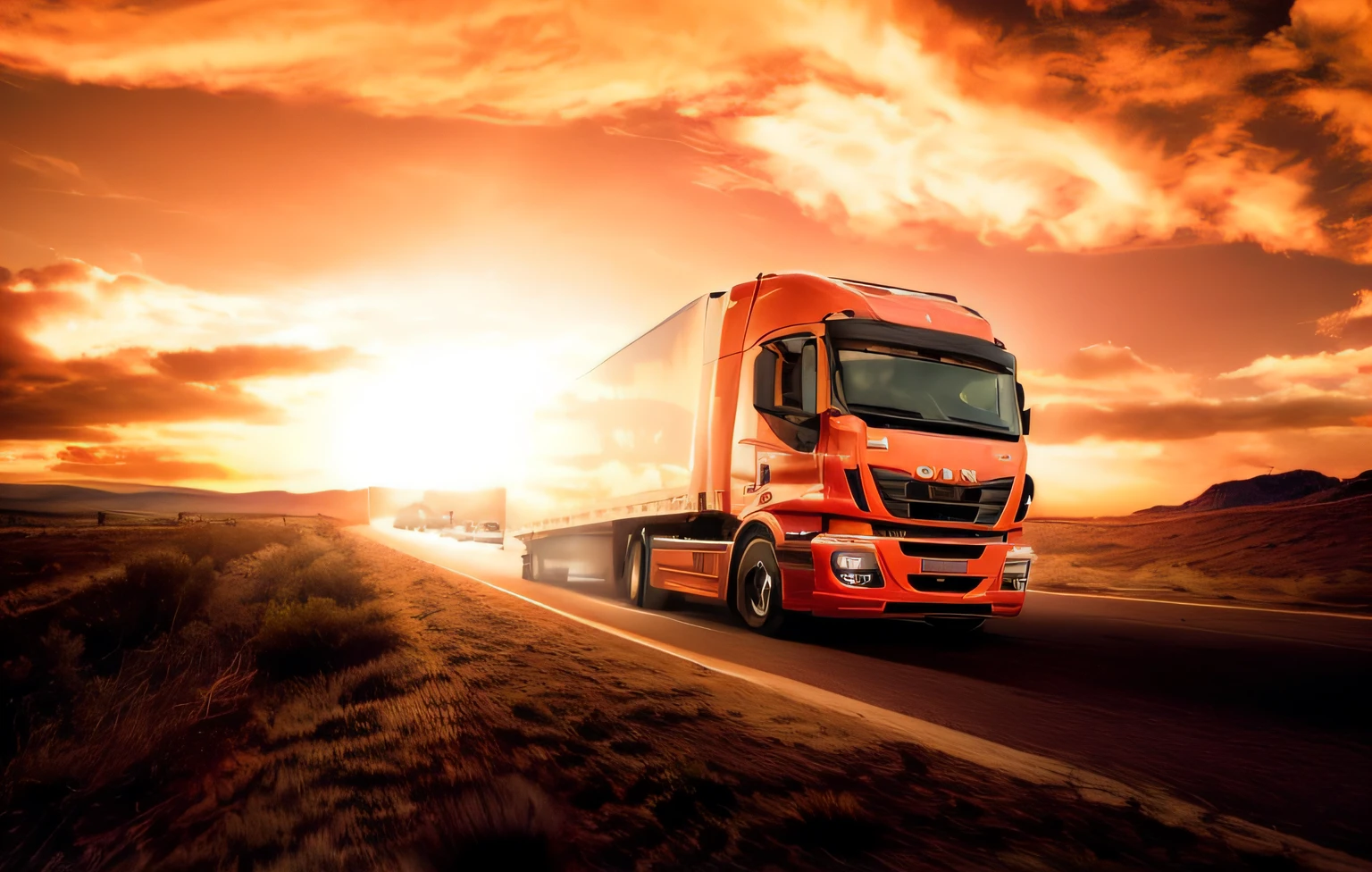 a close up of a semi truck driving on a road at sunset, photo render, photo portrait, vibrant and powerful, vibrant and dynamic, truck, wallpaper - 1 0 2 4, vehicle photography, 2 0 1 2, 2012, portrait shot, 🚿🗝📝, 1 0 8 0 p, 1080p, incredible quality