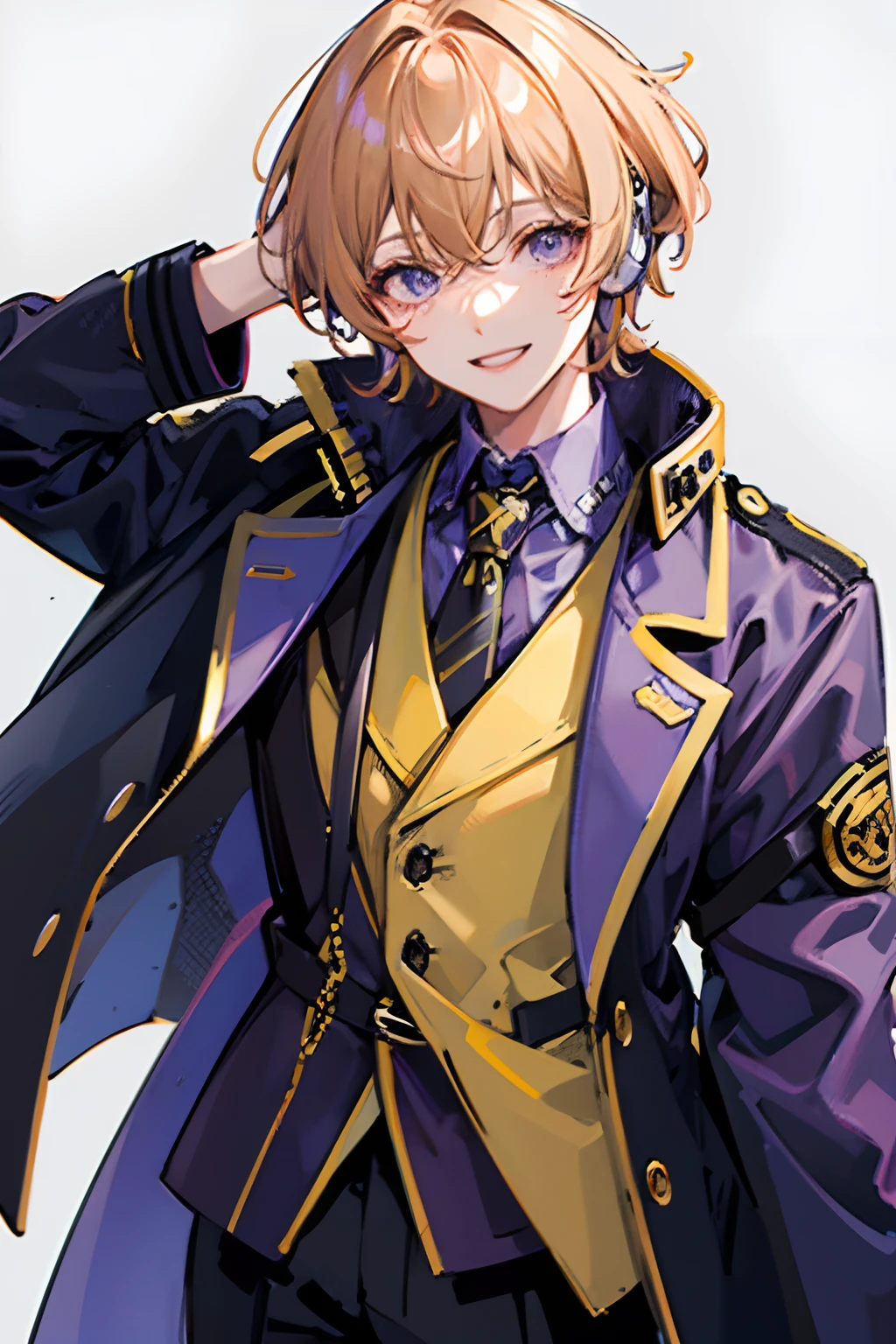 1man, short curly blonde hair, purple and yellow eyes, wearing jacket, wearing overcoat, wearing pants, white background, wearing headphones, looking at viewer, smiling, high res, ultra sharp, 8k, masterpiece