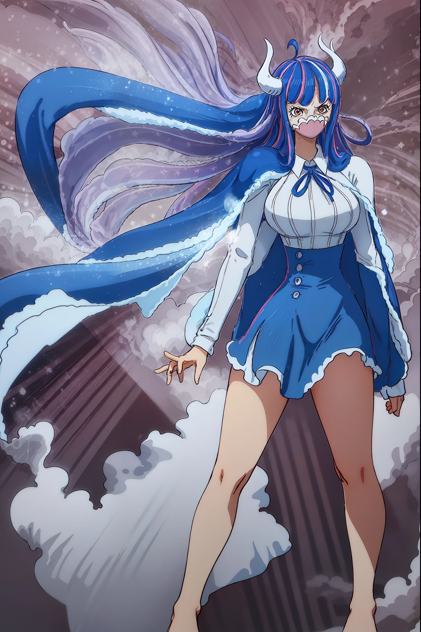 Alti OP, One Piece Anime,Large Breasts, Multicolored Hair, Long Hair, Blue Hair, Pink Hair, bangs, horn, Blue Skirt, High Waist Skirt, White shirt, Long sleeve, Blue Cape, Beautiful lighting, Dutch Angle,From below, (masterpiece, Highest quality,Absurd: 1.2), Perfect hands,Beautiful sea,Outdoor,Detailed eyes