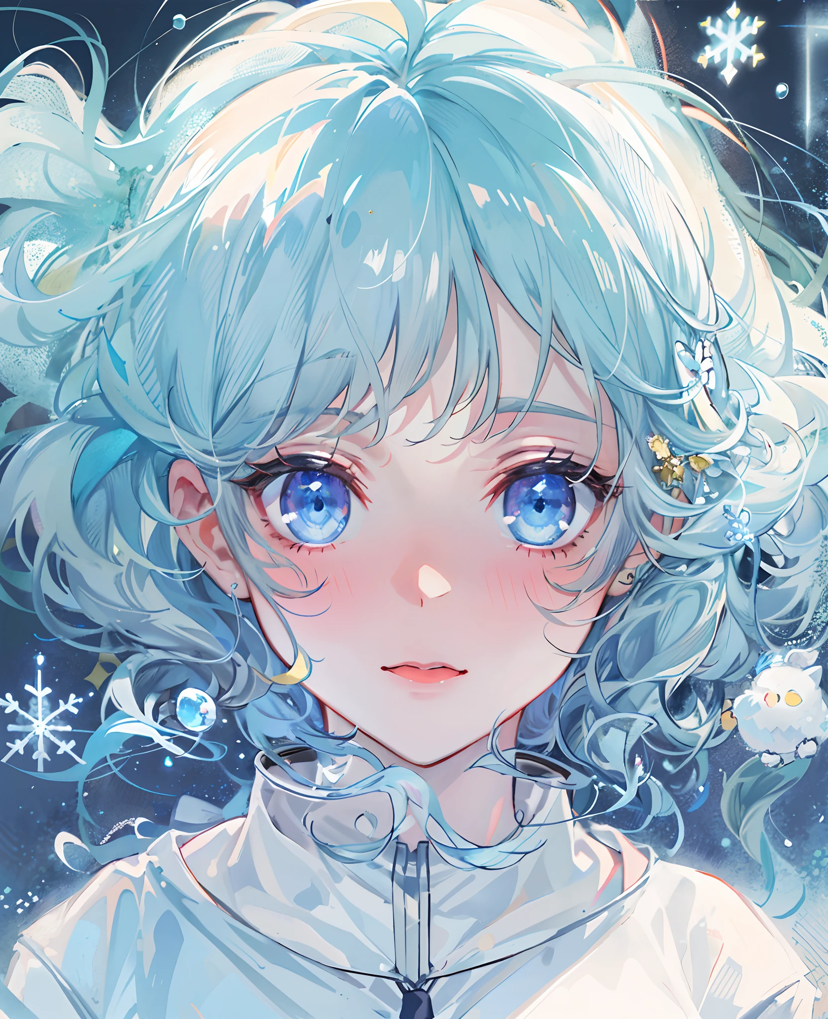 ((top-quality)), ((masterpiece)), ((ultra-detailliert)), (Extremely delicate and beautiful), girl with, 独奏, cold attitude,((Black jacket)),She is very(relax)with the(Settled down)Looks,A dark-haired, depth of fields,Evil smile,Bubble, under the water, Air bubble,bright light blue eyes,inner color with bright gray hair and light blue tips,,,,,,,,,,,,Cold background,Bob Hair - Linear Art, shortpants、knee high socks、White uniform like school uniform、Light blue ribbon ties、Clothes are sheer、Hands in pockets、Bright eyes like sapphire,Fronllesse Blue, A small blue light was floating、Upper Eyes、glass shards、Snowflake Hair Ornament
