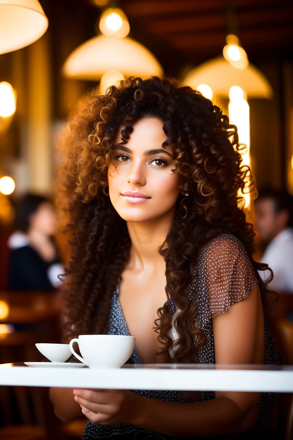 Portrait of a curly-haired Mexican woman styled with curly hair in a café , mignon, Photographie mate, peau brune, softlighting, humeur ambiante, Stunning and clean photography,