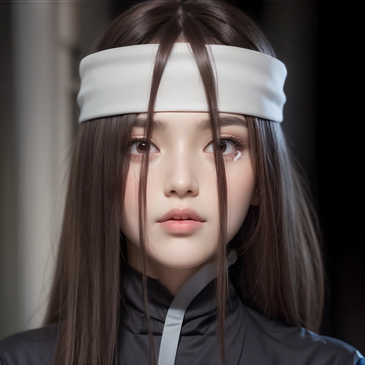 1 girl with long brown hair, red eyes ultra detail, white headband, brown clothes, Korean look, beautiful face