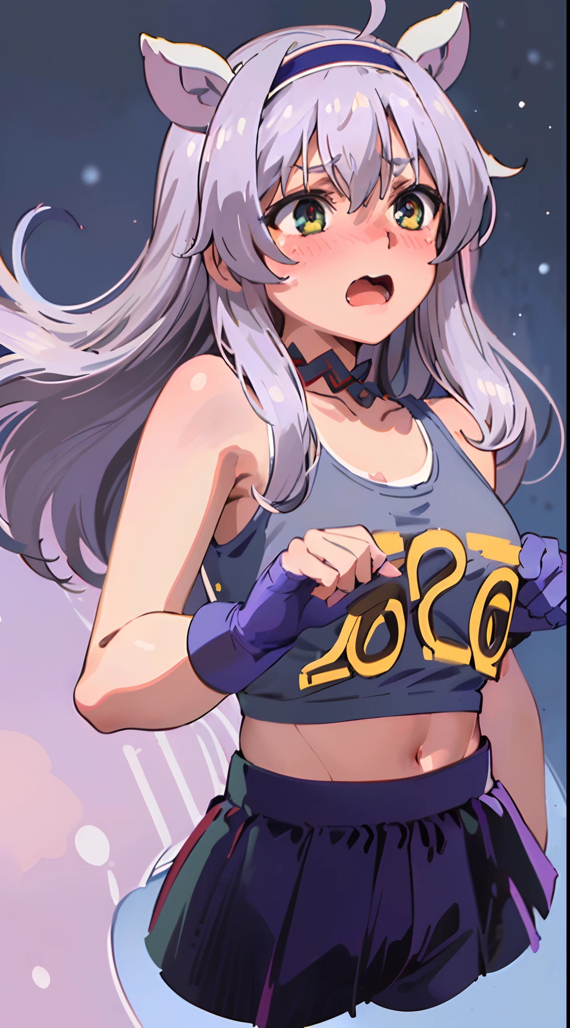 best quality, (masterpiece:1.2), detailed,
Sistine Fibel,
1girl, solo, open mouth, wavy mouth, nose blush, embarrassed, medium breasts,
long hair, grey hair, green eyes, blue hairband, animal ears, navel, gloves, (((cropped tank top, 20 years old))), (((ultra-detailed eyes))).