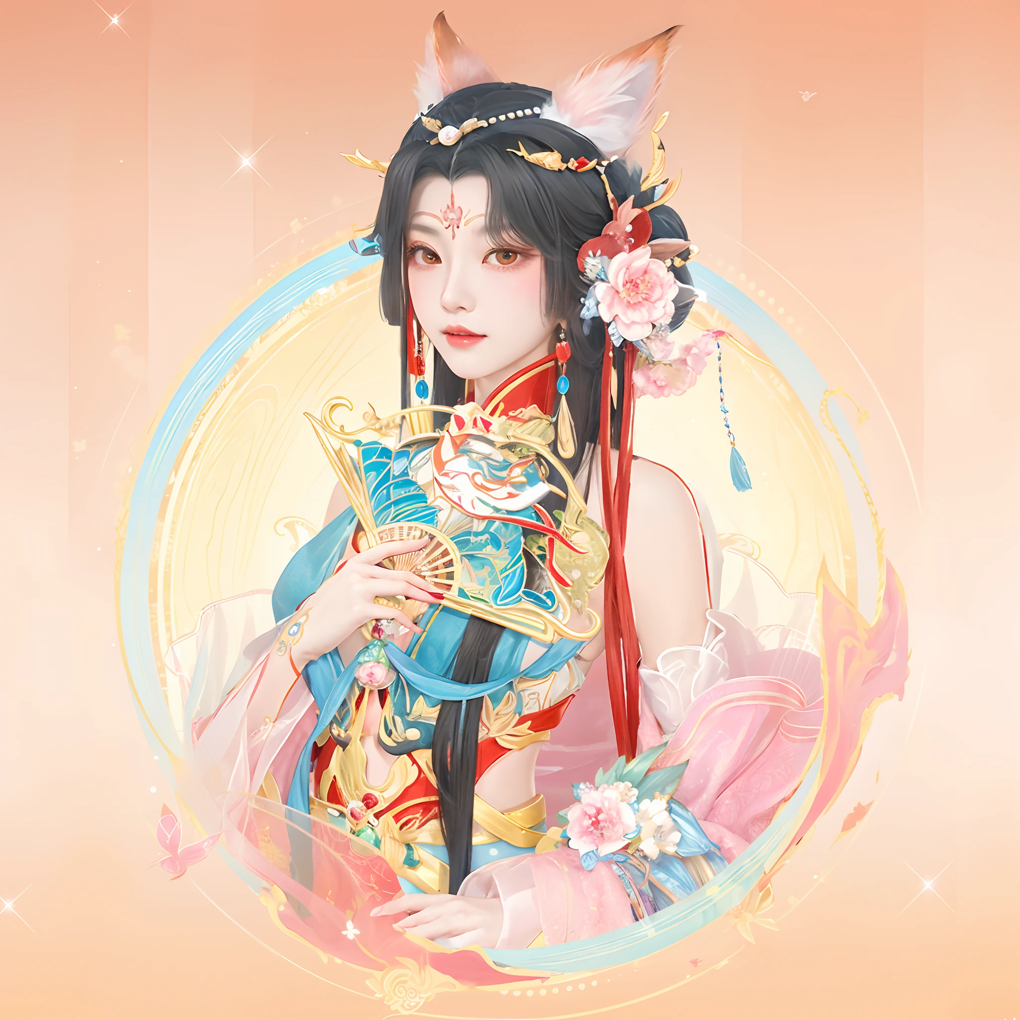 Anime girl with fan and cat ears holding a fan, Guviz-style artwork, onmyoji portrait, a beautiful fantasy empress, Onmyoji detailed art, a beautiful fox lady, Palace , A girl in Hanfu, Inspired by Lan Ying, inspired by Park Hua, Guviz, onmyoji, ((a beautiful fantasy empress))