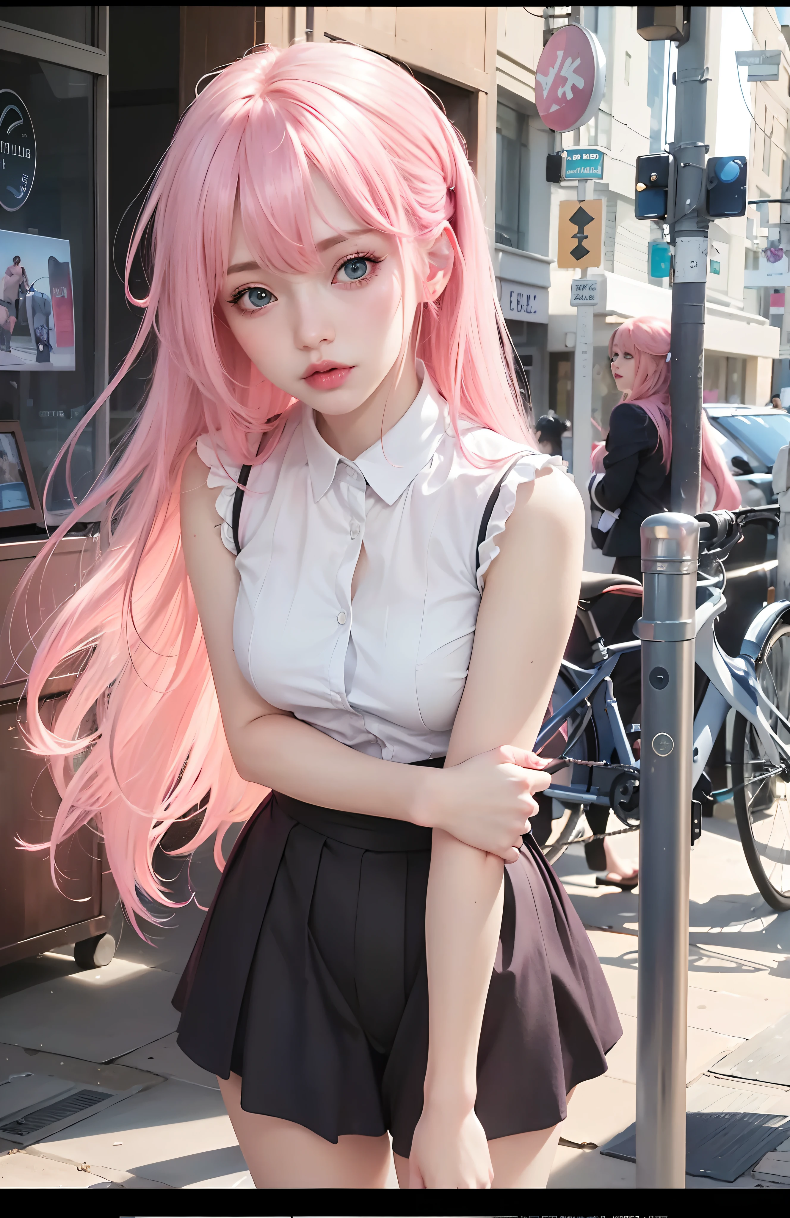 best quality, ultra high res, (photorealistic:1.4), 8k resolution, girl, (pink hair:1.3) , realistic blue eyes, (realistic hair:1.2), (Korean girl:1.2), (realistic eyes:1.2), (beauty face:1.3), perfect body, white pale skin, small breast, cleavage, , (eyes looked up:1.3), petite , Sports bikini, flat chest