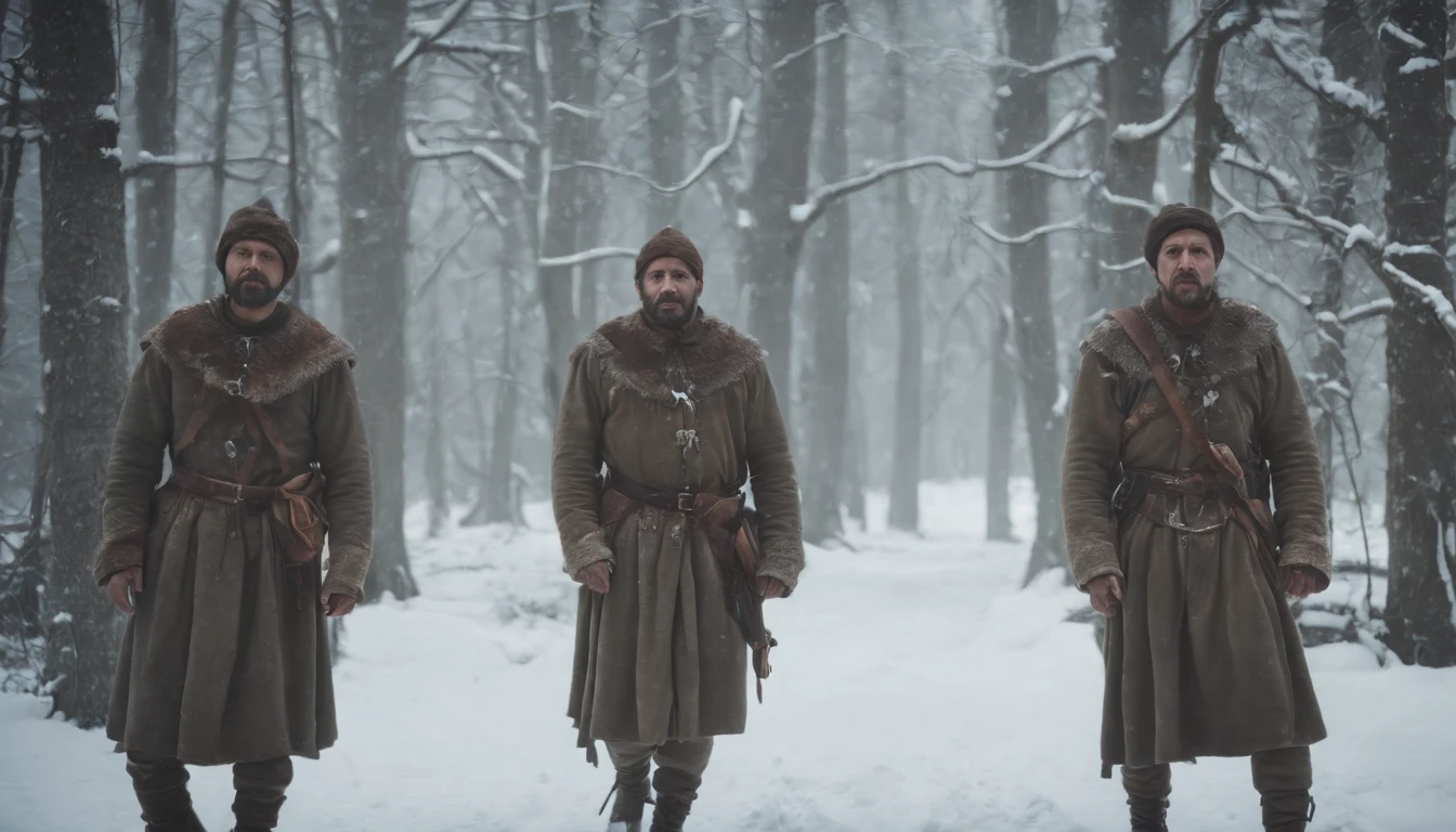 three medieval turkish soldiers hanging from ropes around there necks from trees in the snow, night, darkness, winter, eerie, mysterious, cinematic, cinematic scene from film, 8k, photorealistic