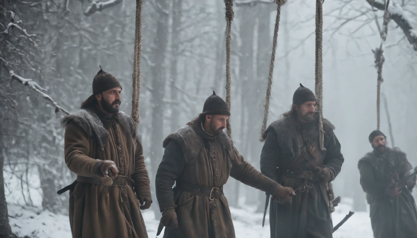 three medieval turkish soldiers hanging from ropes around there necks from trees in the snow, night, darkness, winter, eerie, mysterious, cinematic, cinematic scene from film, 8k, photorealistic