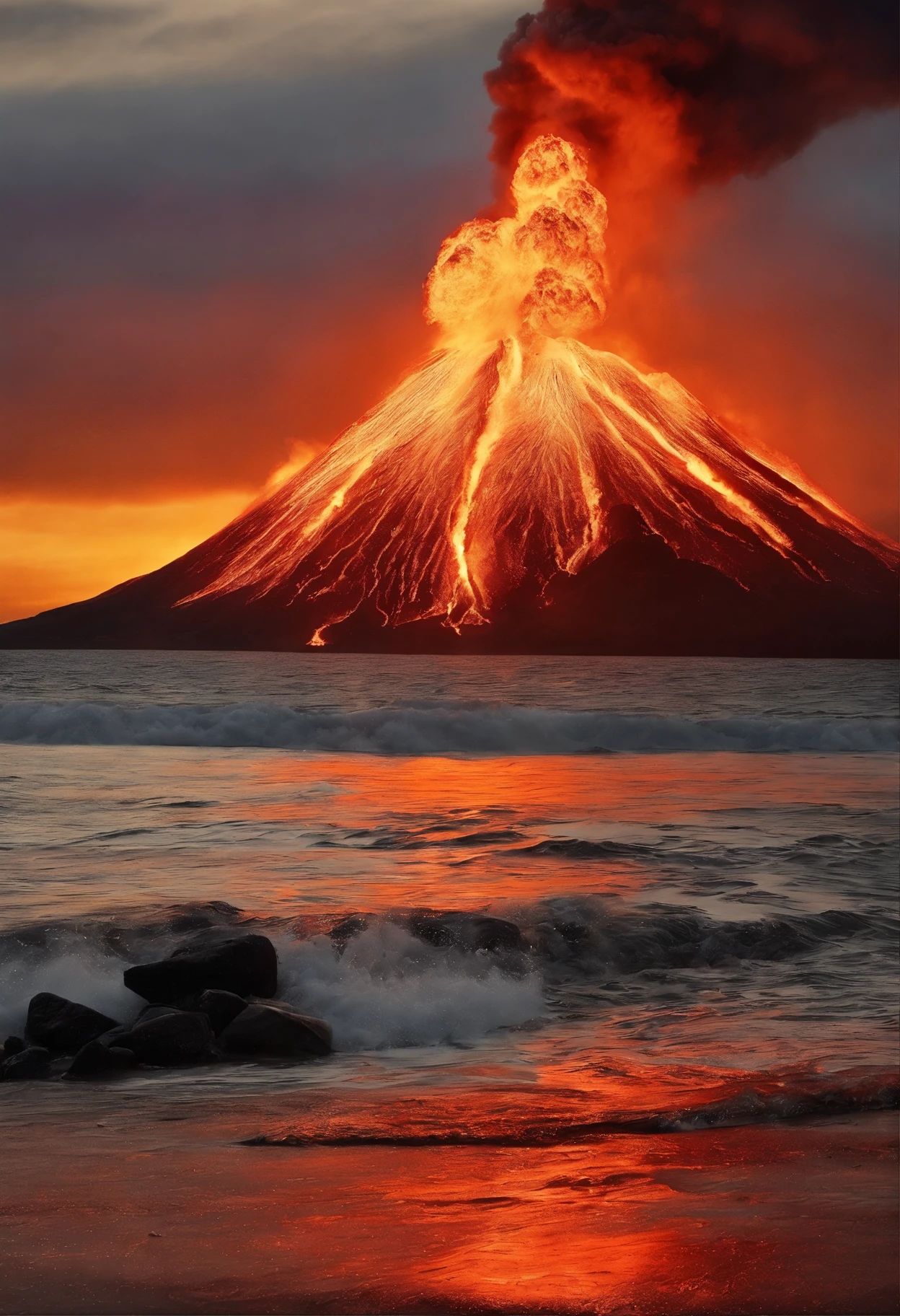 Photorealistic realism (a volcano erupts: 1.37),(Undersea volcanic eruption), A splash of hot magma, Scorched black rock, (Sky volcanic ash), Sea, (rolling waves: 1.0), Fire red sky, disrupt, Reflection, Epic picture, shocking effects, Photography,Photography,A beautiful painting by Barnett Newman,Photorealism,Imaginative,Otherworldly,Image from the work of Darren Aronofsky,Quixel Megascans Render,The picture is from Roger Deakins's work,Image from Zach Snyder's work,illusory engine,High detail,hyper qualit,high resolution,trending on artstationh,surrealism,8KB view,Beautiful lighting, --AR 9:16 --V 5.2 --Upper Beta --Stop 80