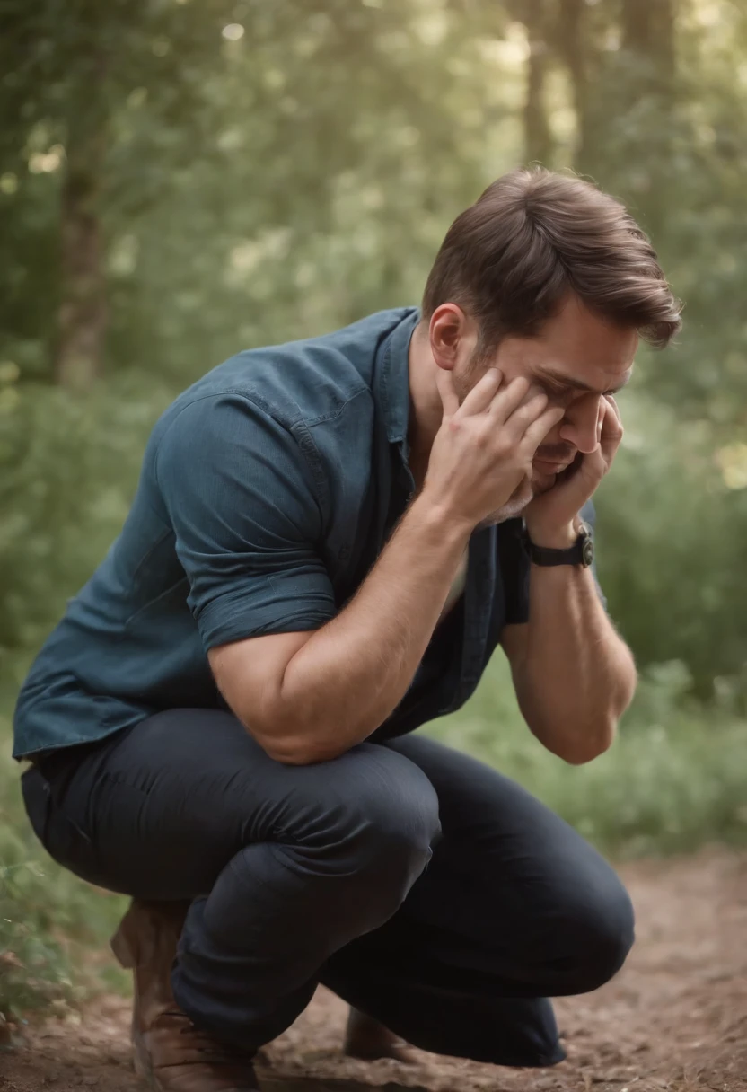 real human person, kneeling with hands on face, leaning forward, hyper realistic, 4k,