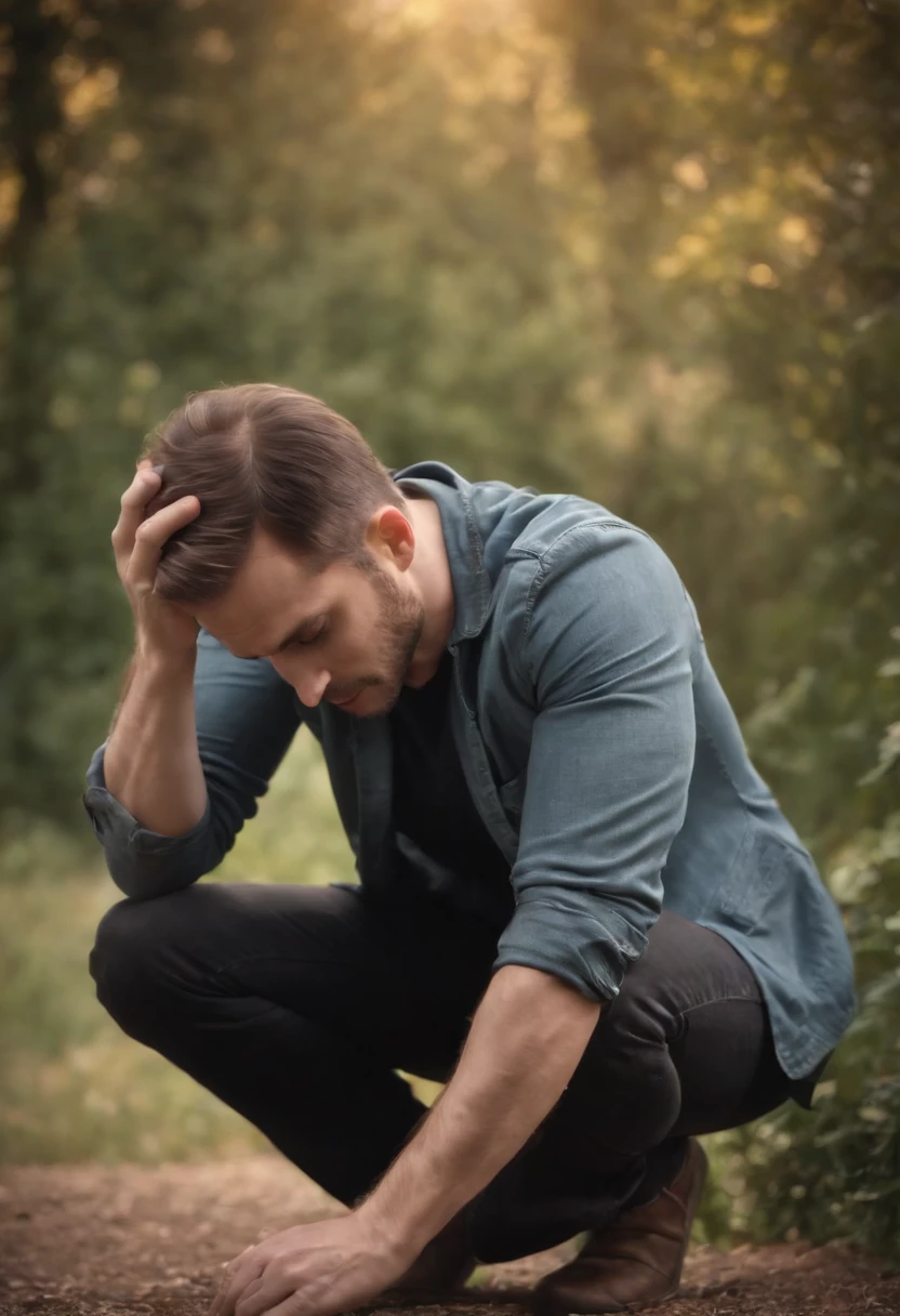 real human person, kneeling with hands on face, leaning forward, hyper realistic, 4k,