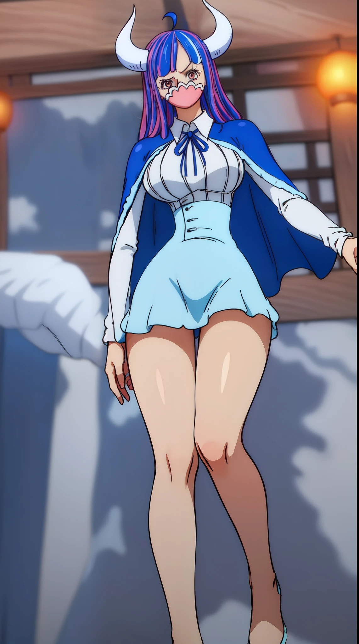 Ulti from one piece, blue hair, red eyes, pink mask, horns, Ulti takes to wearing a long-sleeved minidress that is white and pleated above the waist, with a blue bow below a point collar. The dress's lower, light-blue, and non-pleated section, with a button placket in the middle, ends in a short skirt part that has a slightly ruffled hem, leaving most of Ulti's legs visible. Fastened on her shoulders is a darker-blue cape, red heels, booty, side view, close up,