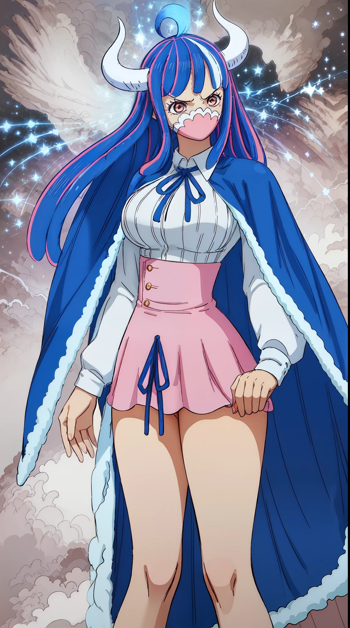 Ulti from one piece, blue hair, red eyes, pink mask, horns, Ulti takes to wearing a long-sleeved minidress that is white and pleated above the waist, with a blue bow below a point collar. The dress's lower, light-blue, and non-pleated section, with a button placket in the middle, ends in a short skirt part that has a slightly ruffled hem, leaving most of Ulti's legs visible. Fastened on her shoulders is a darker-blue cape, red heels, booty, side view, close up,