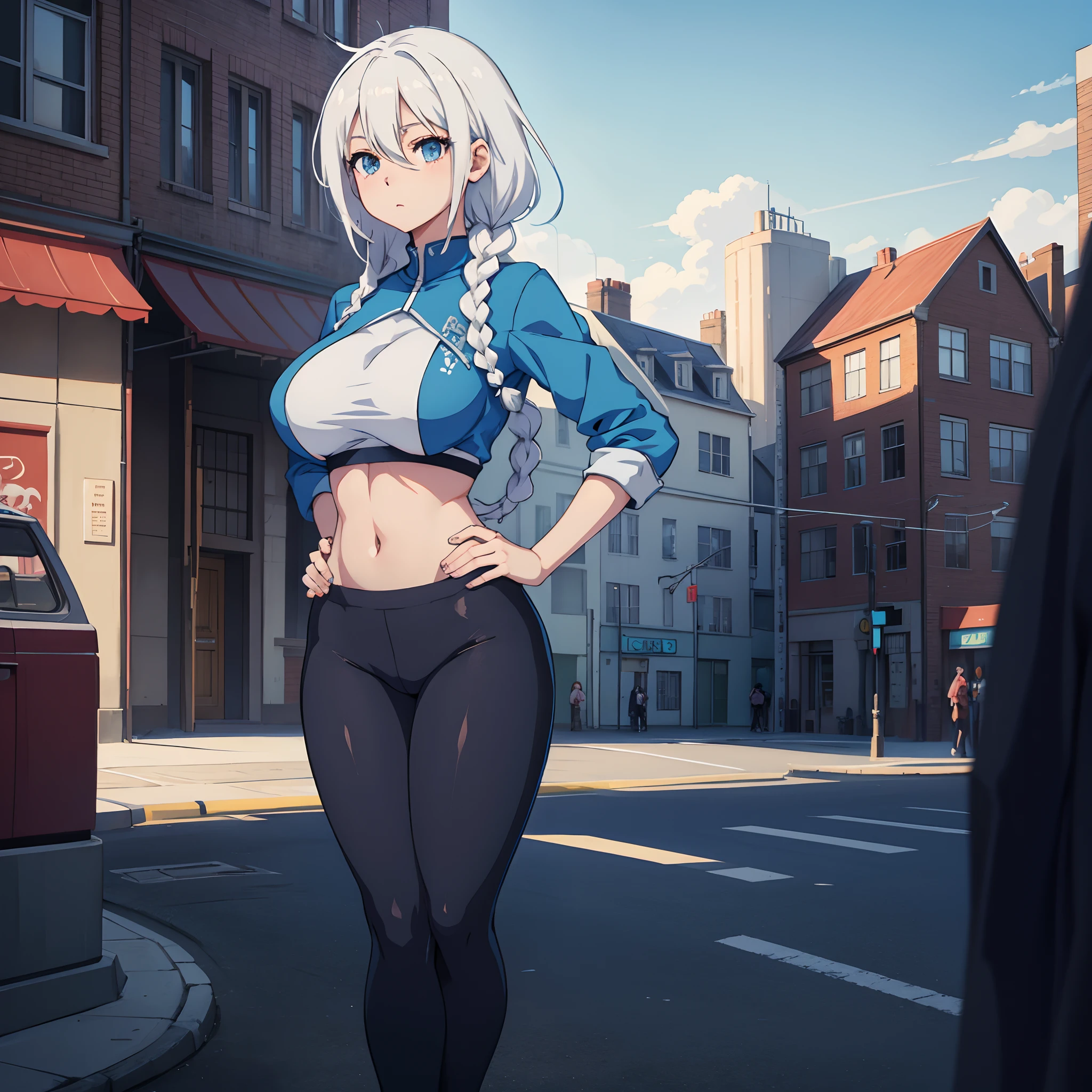 Blue shirt, anime girl, white hair, full body shot, cute, blue crop top, skinny, leggings, scenery, large breasts, braid, sexy, hand on hip, feminine pose