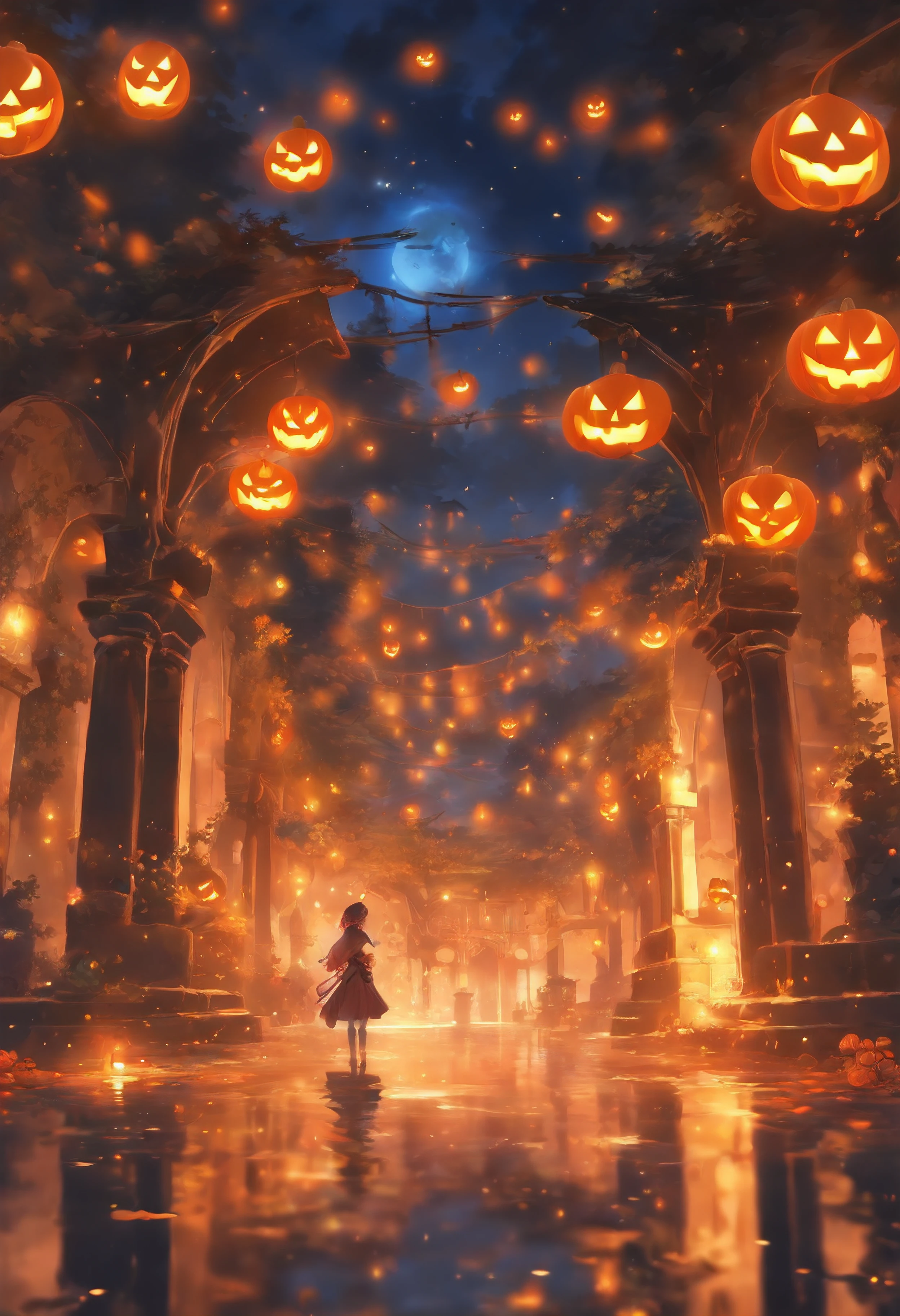 A girl standing in a dark alley with pumpkins hanging from the ceiling ...