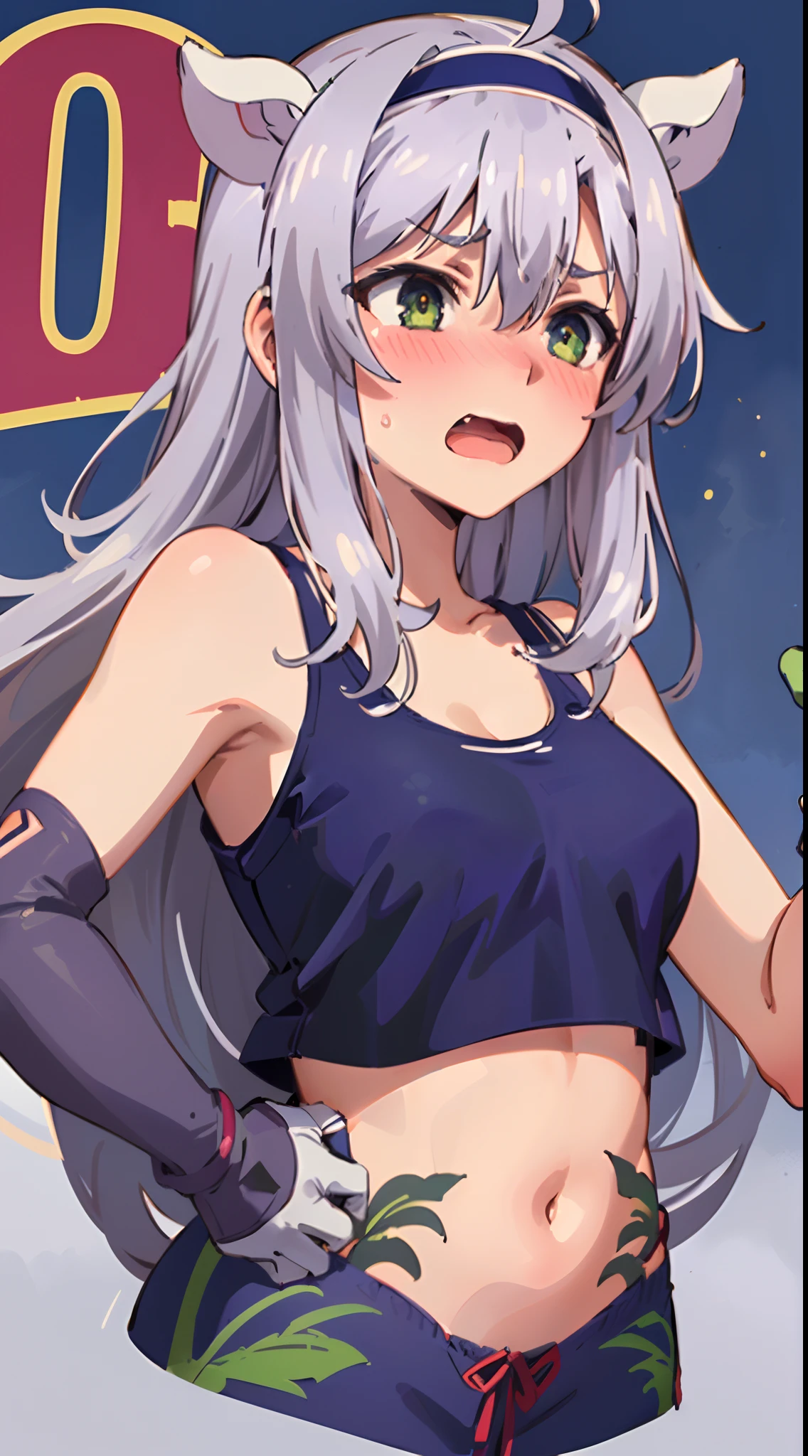 best quality, (masterpiece:1.2), detailed,
Sistine Fibel,
1girl, solo, open mouth, wavy mouth, nose blush, embarrassed, medium breasts,
long hair, grey hair, green eyes, blue hairband, animal ears, navel, gloves, (((cropped tank top, 20 years old))), (((ultra-detailed eyes))), bewitching thighs.