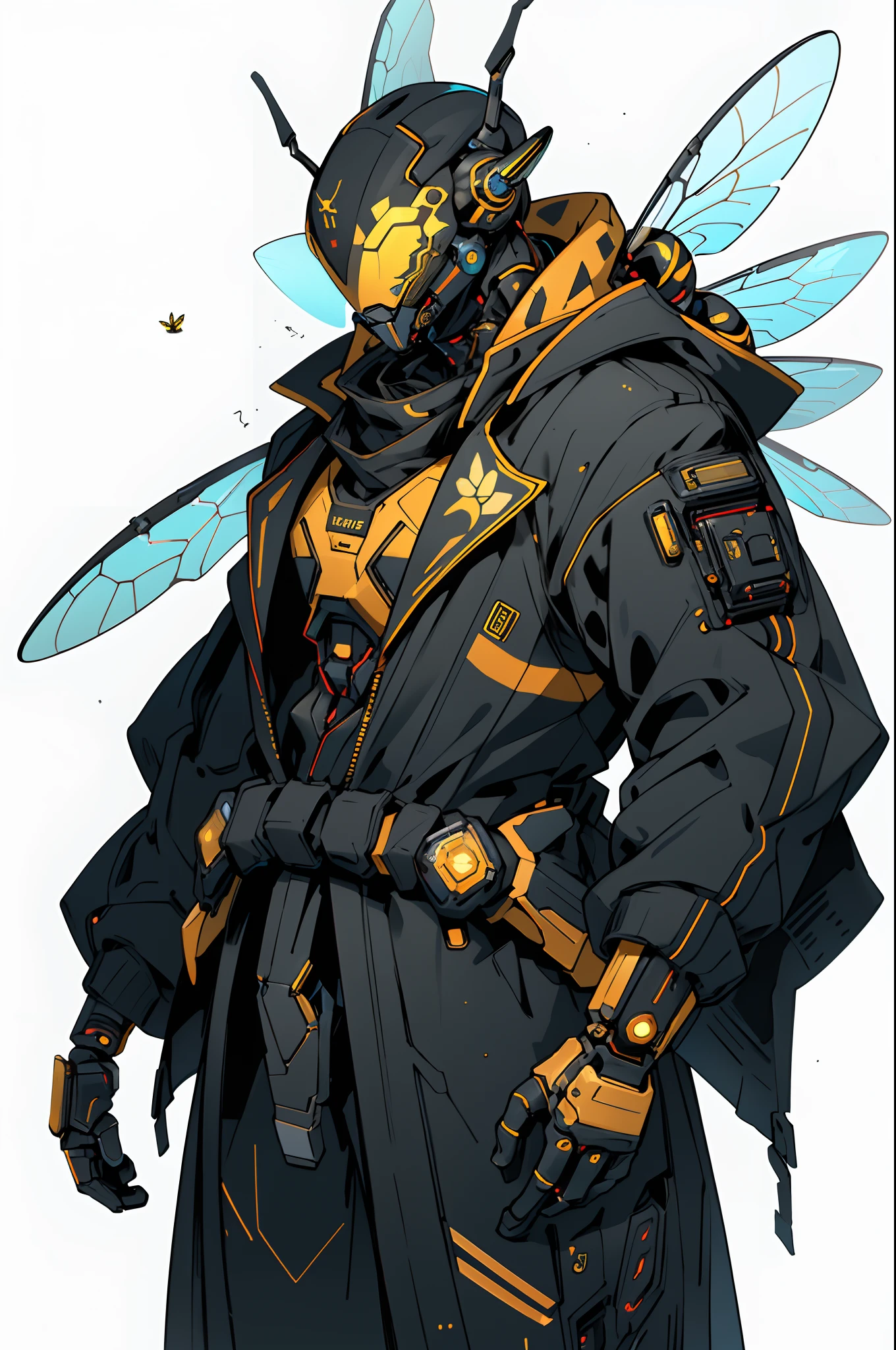 1 Anthropomorphism of bees, standing full-body，Solo, (tmasterpiece，top Quority，best qualtiy), ((Anthropomorphism of bees)), 独奏, human structure bee concept art, character design contest winner, cyberpunk bee, Great character design, Cyborg Wasp, Fantasy beekeeper, （（cyber punk style，Surreal Science Fiction Art，Future Science Fiction Aesthetics））, biopunk cyborg wasp, (The main colors are yellow and black), interesting character design, insect trainer girl, no type, cushart kenz, cyberpunk cyborg wasp, full body concept, high quality character design, character design art, ((very simple background))、(Game character design), white backgrounid（（（flatcolors）））