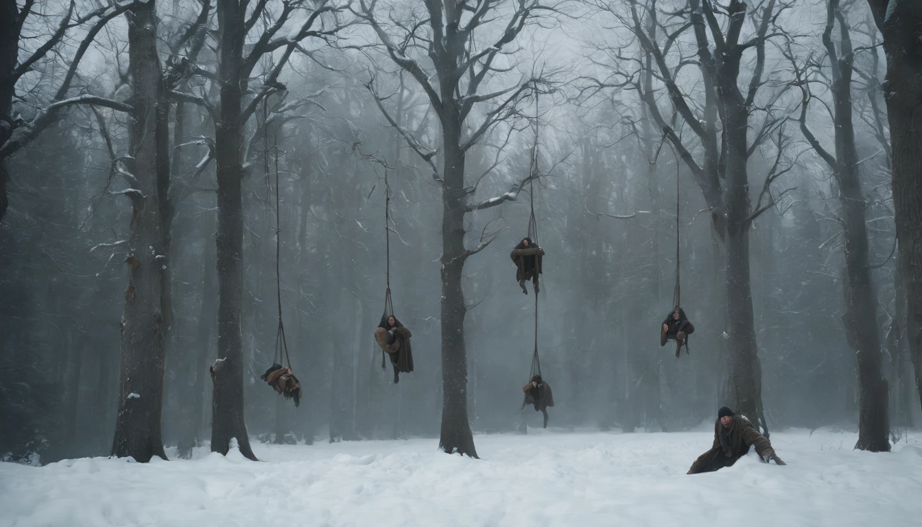 three medieval bodies hanging from trees by ropes in the snow, night, darkness, winter, eerie, mysterious, cinematic, cinematic scene from film, 8k, photorealistic
