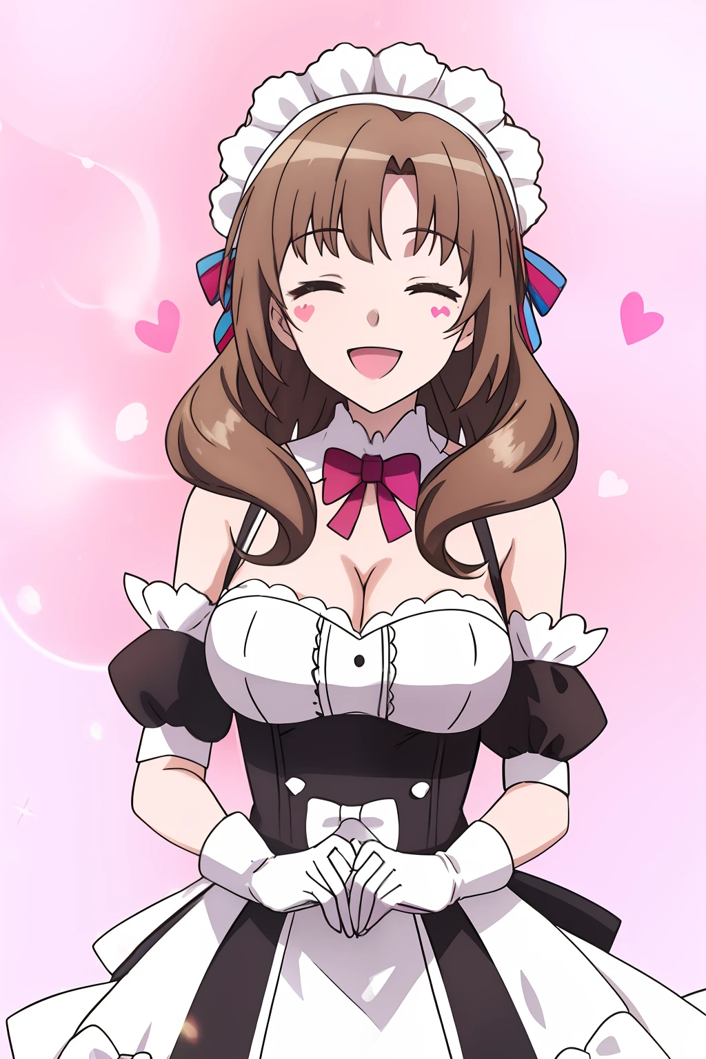 mamako, 1girl in, Solo, long_hair, breasts, Smile, Open_Mouth, Bangs, Large_breasts, It features a simple_Background, brown_hair, gloves, white_Background, Dress, Bow, bow ribbon, cleavage, Bare_shoulders, 鎖骨, Closed_Eyes, hair_bow ribbon, The upper part of the body_Body, Short_sleeves, :D, heart mark, Detached_sleeves, alternate_The costume, puffies_sleeves, white_gloves, parted_Bangs, maid, maid_Head dress, No_The human, spark of light, Detached_Collar, ^_^, Pink_Background, Facing_viewer, Mature_Female, enmaided, heart mark_Hands, puffies_Detached_sleeves、cowboy  shot、