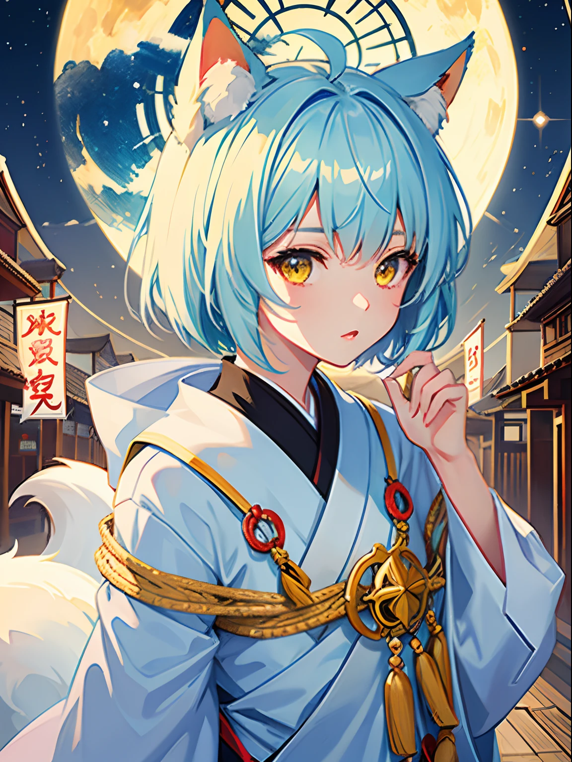 1girl in, fox ear, light blue short hair,bangs pinned back,Ahoge,Colored inner hair,Highly detailed beautiful face and yellow eyes,Cute, shrine maiden, shrines