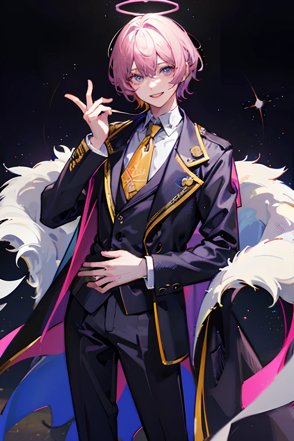 1man, short curly blonde hair, purple and yellow eyes, wearing jacket, wearing overcoat, wearing pants, white background, wearing headphones, looking at viewer, smiling, high res, ultra sharp, 8k, masterpiece, gamer