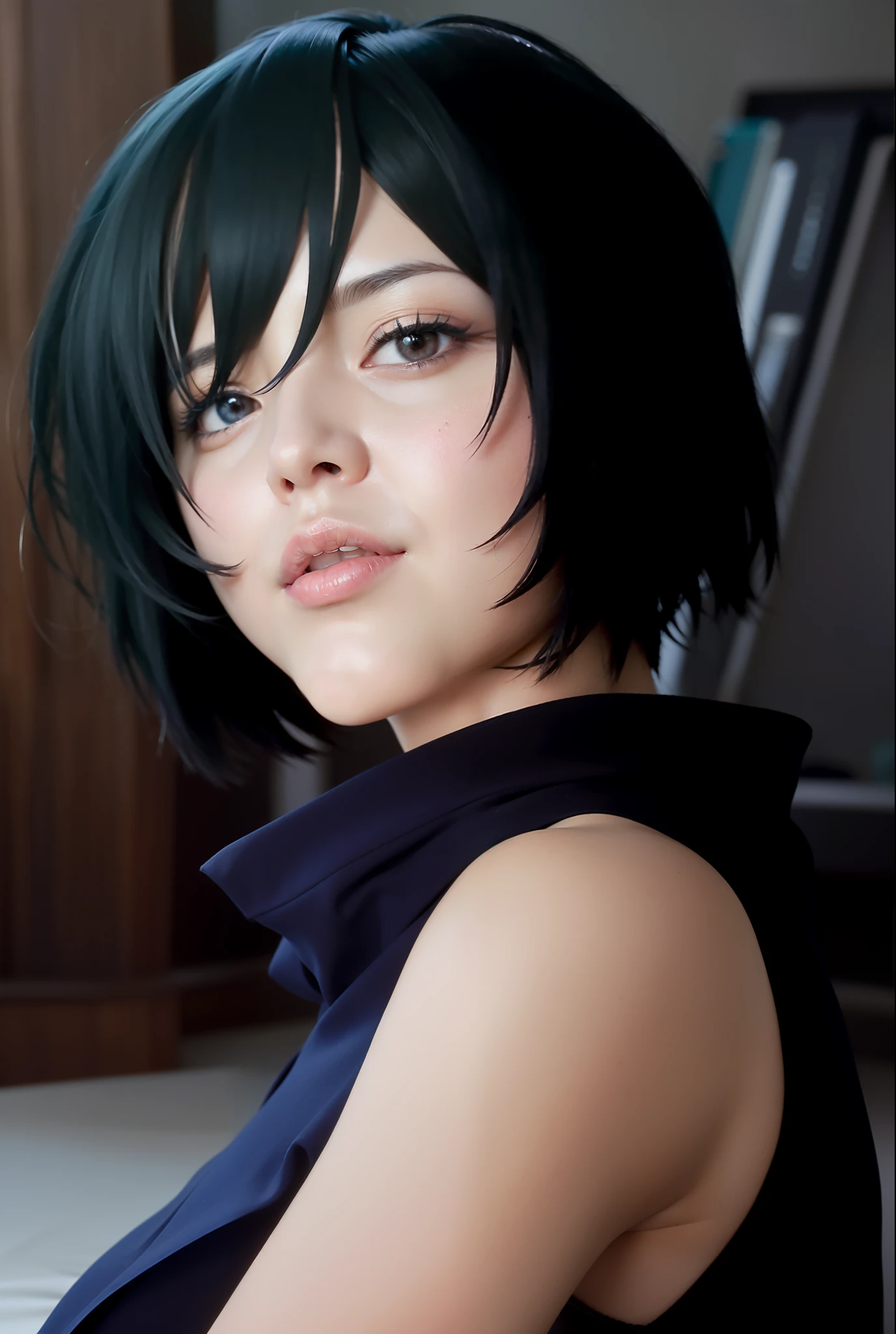 a close up of a woman with a black hair and a blue shirt, fubuki, sui ishida with black hair, High quality image, masterpiece, detailed hair texture, detailed skin texture, detailed cloth texture, 8k, add fabric details, ultra detailed skin texture, ultra detailed photo, skin pores, cloth details, high skin details, realistic hair details