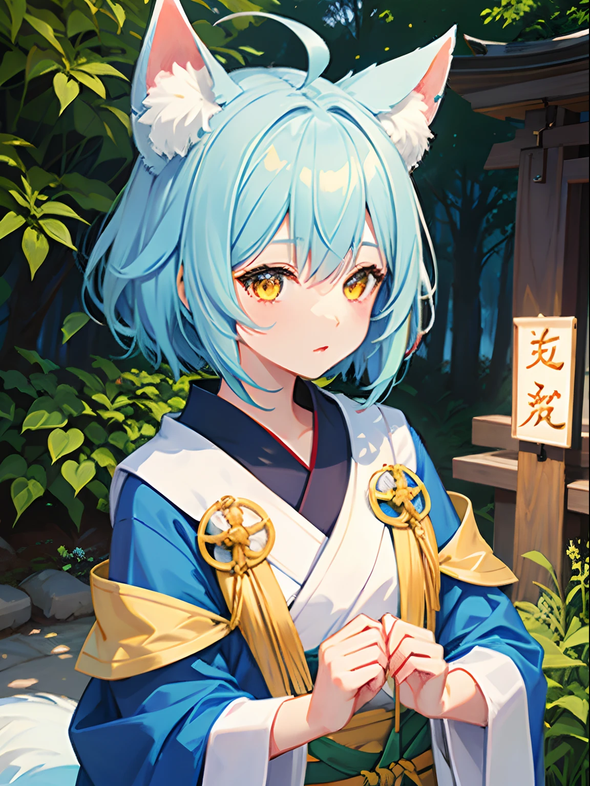 1girl in, fox ear, light blue short hair,bangs pinned back,Ahoge,Colored inner hair,Highly detailed beautiful face and yellow eyes,Cute, shrine maiden, shrines