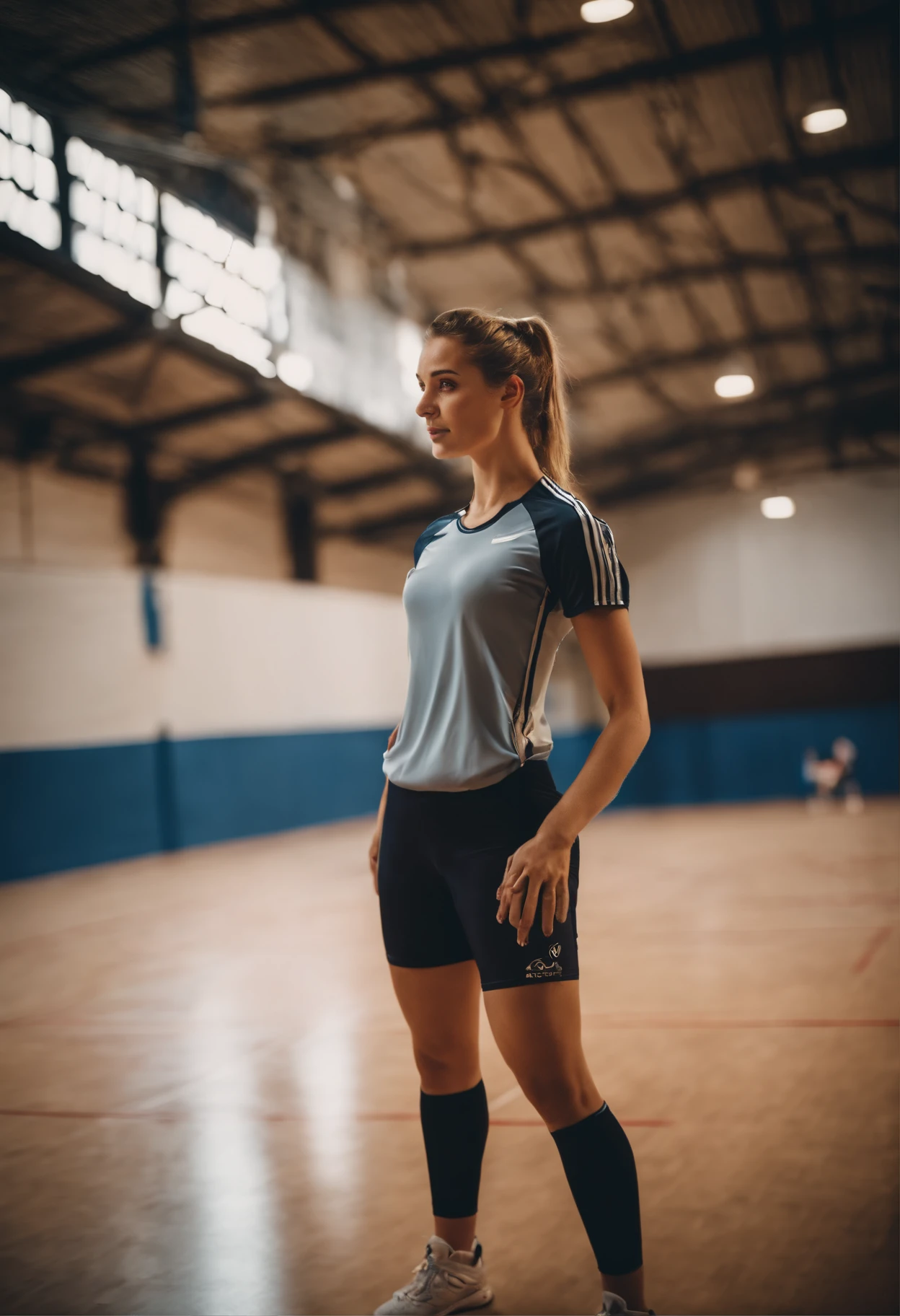 Une belle fille, Dressed in tight-fitting sports shorts, European-looking, Posing for the camera in a handball hall, Very detailed, 8k, The background is very realistic, Look in front of the camera,elle a un ballon en main,A handball goal in the background
