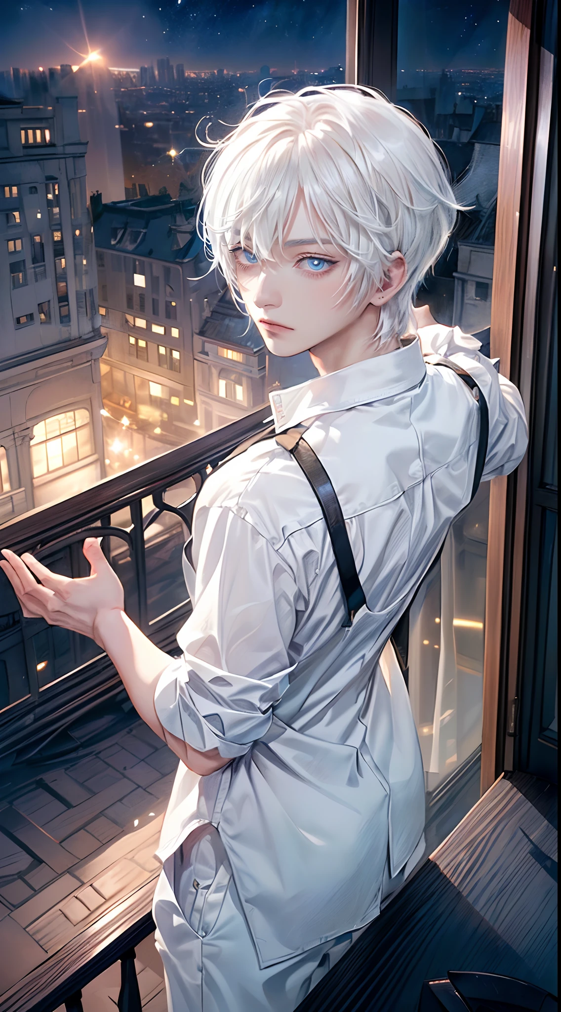 ((4K works))、​masterpiece、(top-quality)、One Beautiful Boy、Slim body、tall、((Black Y-shirt and white pants、Charming street style))、(Detailed beautiful eyes)、Stylish English Black Balcony、Castle inhabited by villains、Black shop window、Balcony at night、((Starry sky in the background))、((dark sky))、((Stylish cityscape))、((Shot on a stylish veranda))、mid night、((Face similar to Carly Rae Jepsen))、((Short-haired white hair))、((Smaller face))、((Neutral face))、((Bright blue eyes))、((American adult male))、((Adult male 26 years old))、((Cool Men))、((Like a celebrity))、((Wild look))、((Korean Makeup))、((elongated and sharp eyes))、((Happy dating))、((boyish))、((Upper body photography))、Professional Photos、((Shot alone))、((shot from back))、((Shot so that the back of the head is visible))、((Shot in close proximity to him))、((Focus zoom in))、((He is watching the sunset))、((He is standing on the balcony))