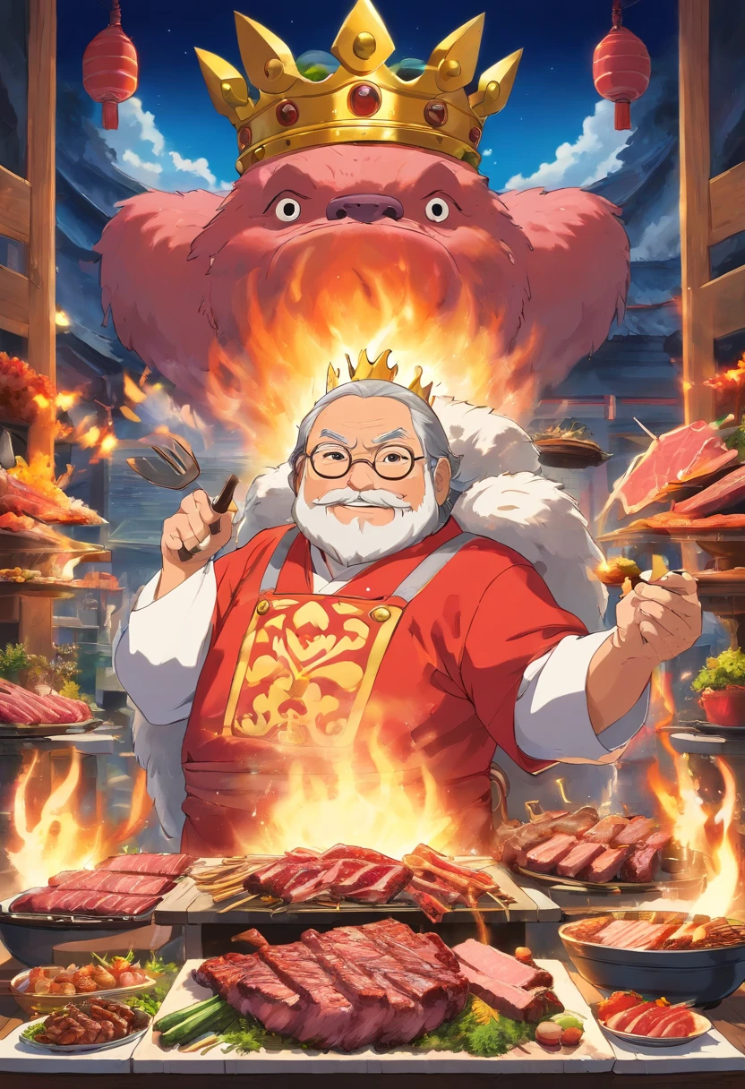 Picture the 'Yakiniku King,' a colossal crown-wearing grill master grilling endless platters of premium meats, reigning over a smoky, mouthwatering empire.