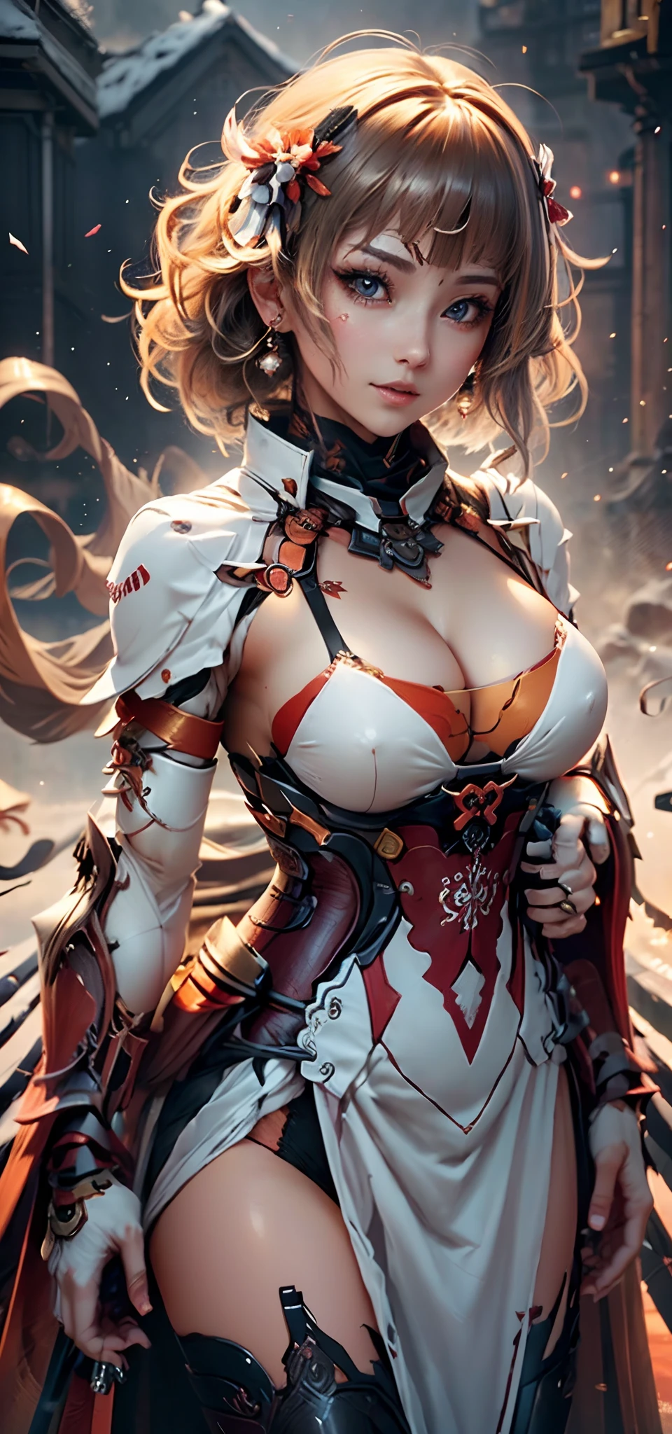 (( (tmasterpiece),(Very detailed CG Unity 8K wallpaper),best qualtiy,cinmatic lighting,细致背景,beatiful detailed eyes,Bright pupils,(Very fine and beautiful),(Beautiful and detailed eyes description),ultra - detailed,tmasterpiece,hight resolution)), Curly, Richly decorated armor, a beautiful woman warrior, (◯◯Hair-:1.3), cleavage of the breast