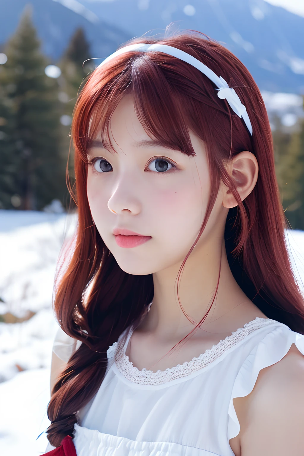 A girl wearing a white dress and red hairpins., closeup shot photo, Face the lens, lavebder garden, In the distance there are snowy mountains.