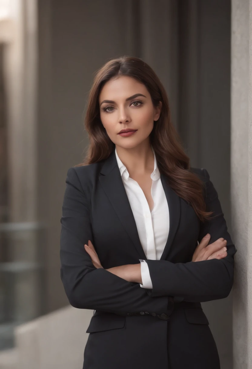Lawyer, woman, sexy, business clothes, white skin, black hair, black eyes, full mouth, cinema pose, 4k, realistic, large breasts