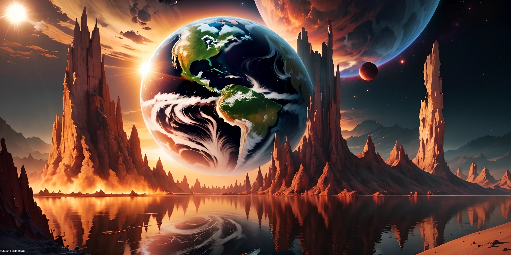 SFW, realista, obra maestra, (Escenario detallado del universo) planeta tierra siendo destruido al chocar con el sol, (The Well Detailed Earth of Destruction.