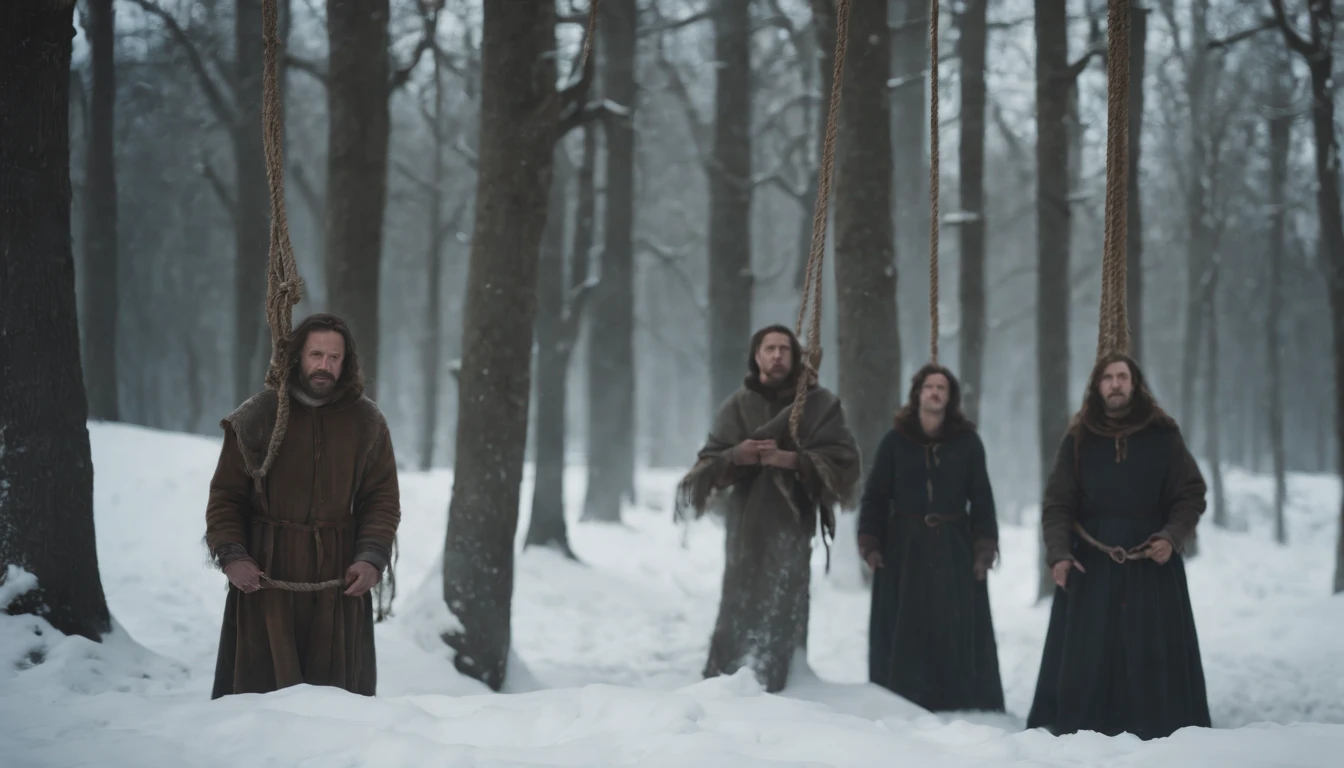 three medieval bodies hanging from trees by ropes in the snow, night, darkness, winter, eerie, mysterious, cinematic, cinematic scene from film, 8k, photorealistic, scary, morbid