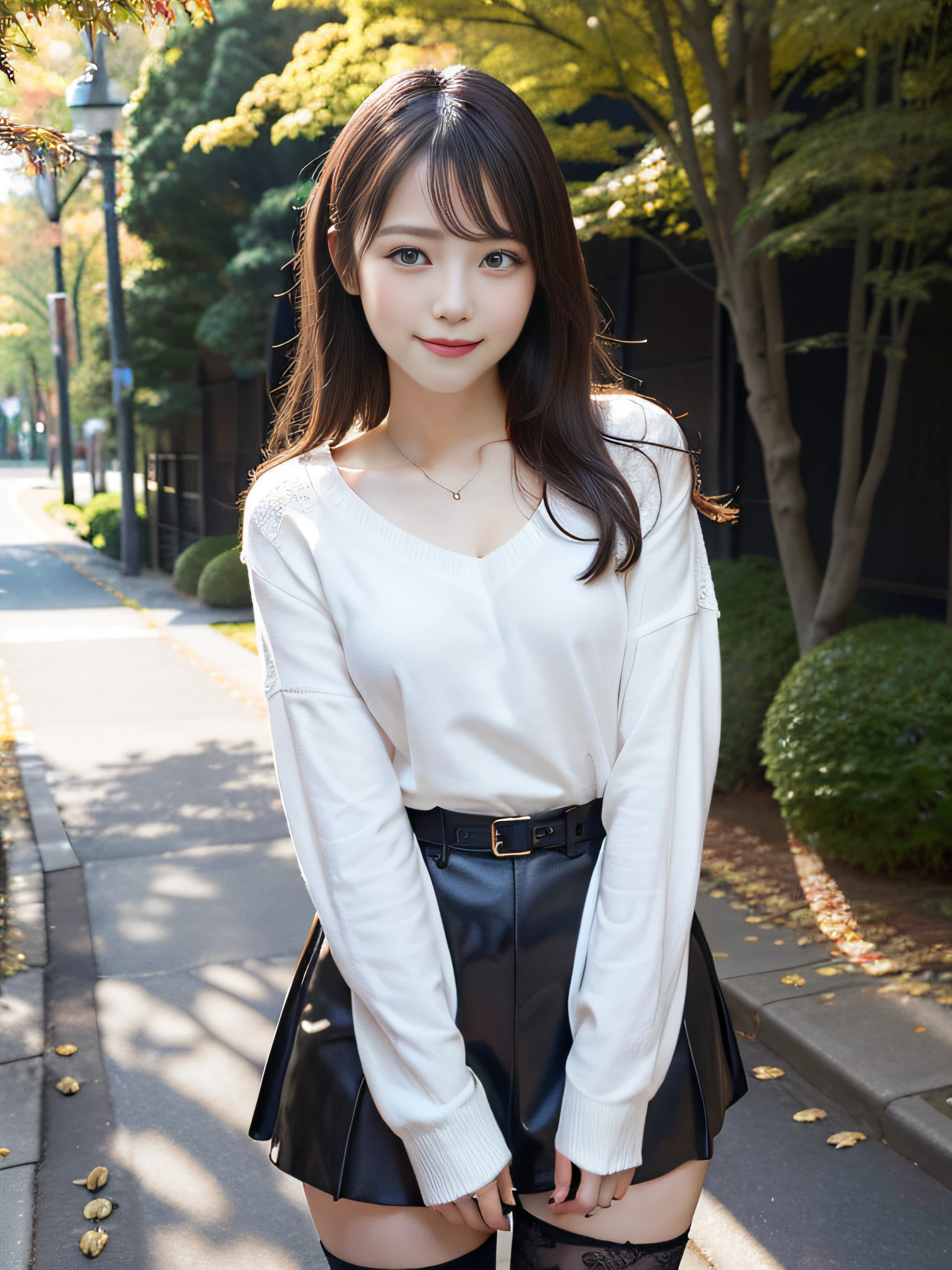 in 8K,Best Quality:1.4, 超A high resolution:1.5, (Photorealistic:1.4),masterpiece:1.2,(top-quality:1.4)、 Raw photo、Japan girls in casual clothes、looking at the viewers、Pose with a smile、Hi-Res、The ultra-detailliert、natural skin textures:1.3, realistic eyes and face details:1.7、Coffee 、nogizaka, cute face、30-years old:1.2、Textured skin:1.2, beautiful smiling face 、 (Shy smile:1.2)、Medium chest、beautiful finely detailed eyes、(Casual clothing:1.2)、FULL BODYSHOT、Black pantyhose、Colored leaves、Gravure Pose、a miniskirt:1.2、beauty legs、Beautiful black eyes、is standing、autumnal、thighs thighs thighs thighs