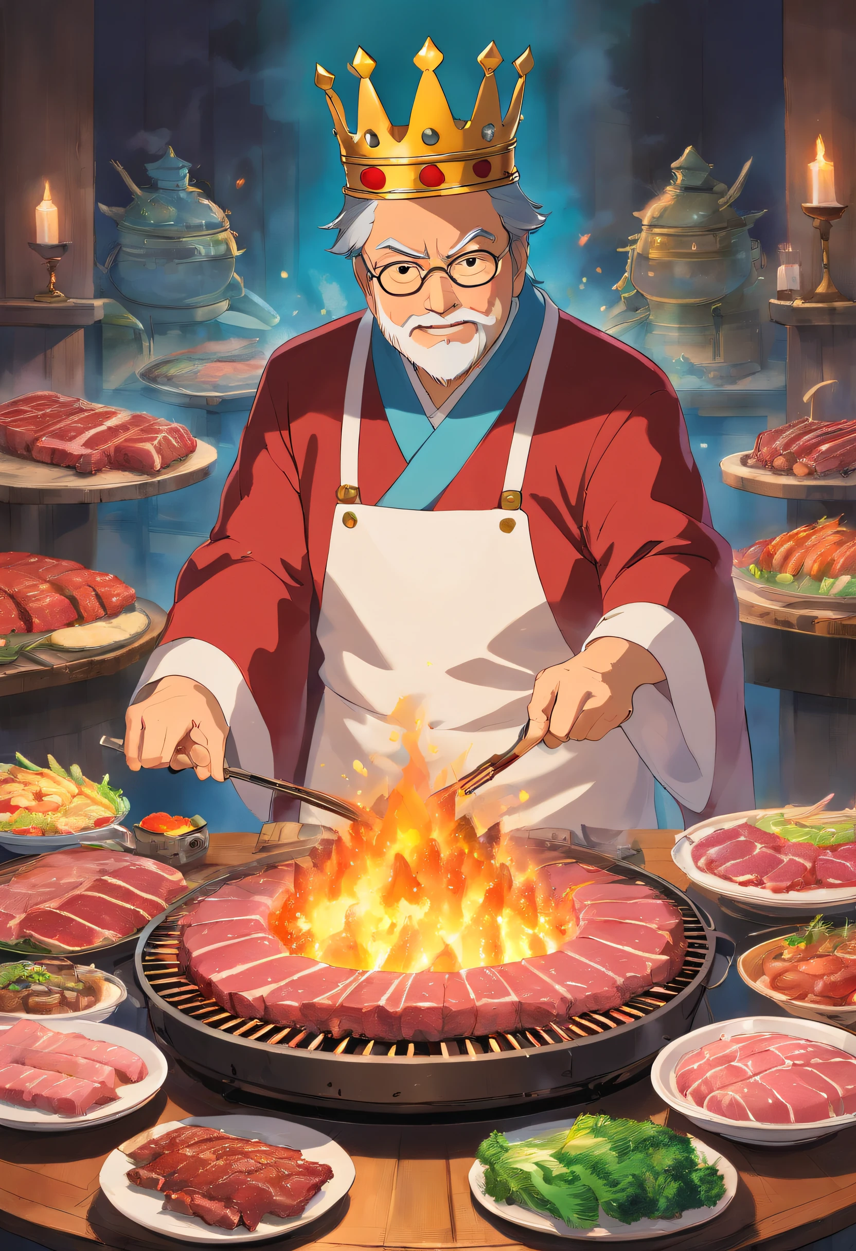 Picture the 'Yakiniku King,' a colossal crown-wearing grill master grilling endless platters of premium meats, reigning over a smoky, mouthwatering empire.