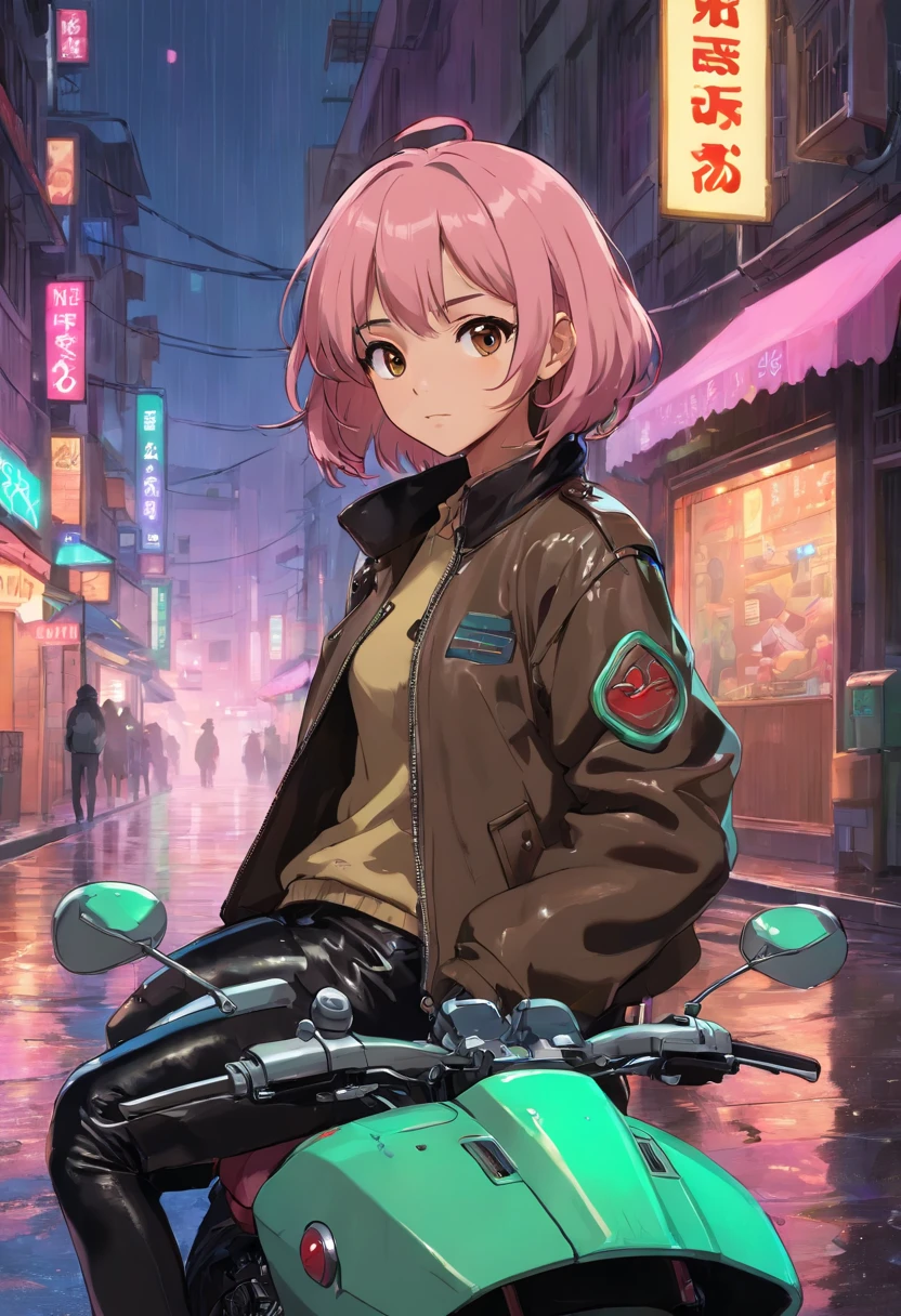 1 girl, Brown skin, Short pink hair, Brown eyes, wearing a brown coat, wearing black_Green leather jacket, Black leather pants, sitting on a cyberpunk motorcycle, At night, Black leather boots, the city street, The ground was wet with rain, fall, during night, Neon login background, Beautiful, absurderes, A high resolution, ultrasharp, 8K, Masterpiece, view the viewer.