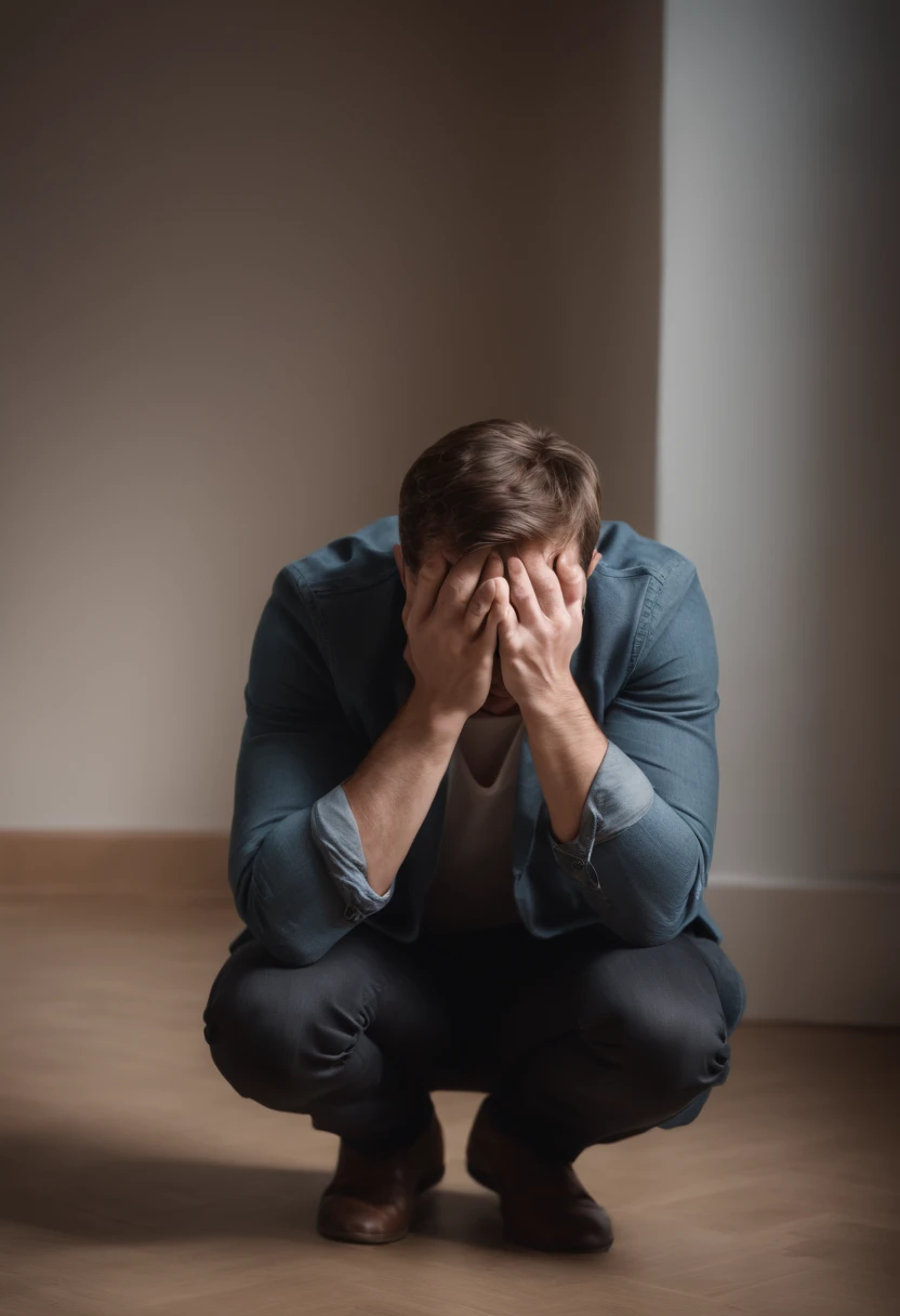 real human person, kneeling on the floor, with both hands covering their face, leaning forward, hyper realistic, 4k,