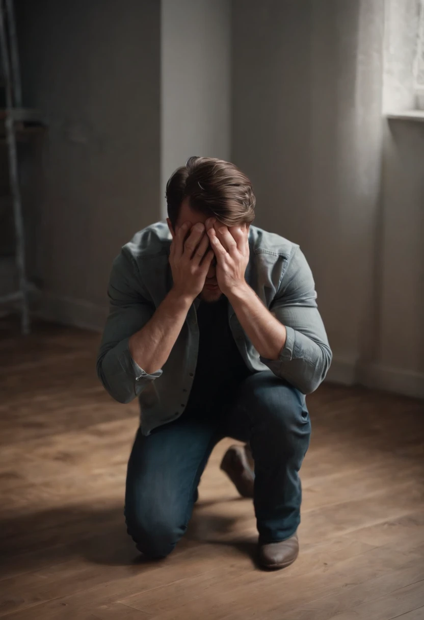 real human person, kneeling on the floor, with both hands covering their face, leaning forward, hyper realistic, 4k,